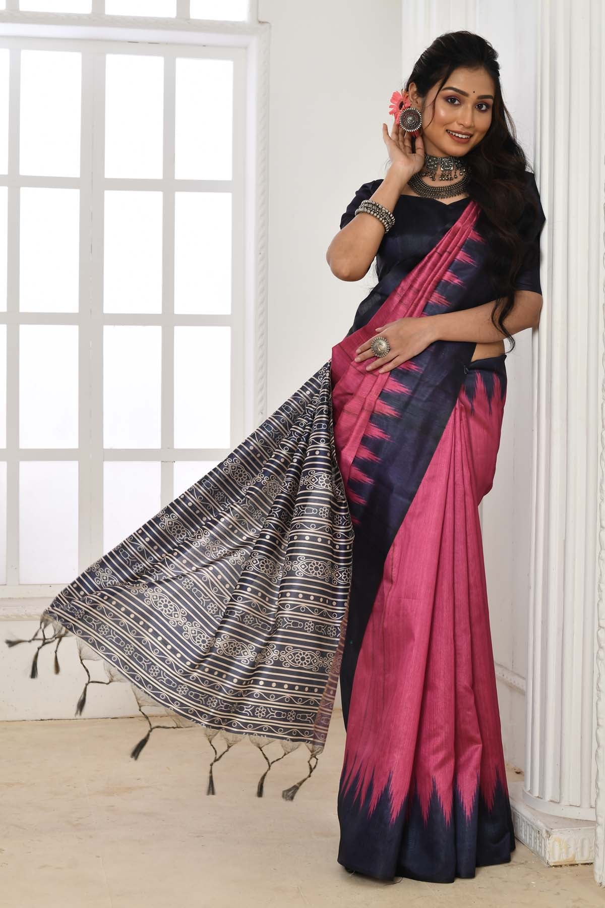 Pink Tussar Silk ikkat Print Saree