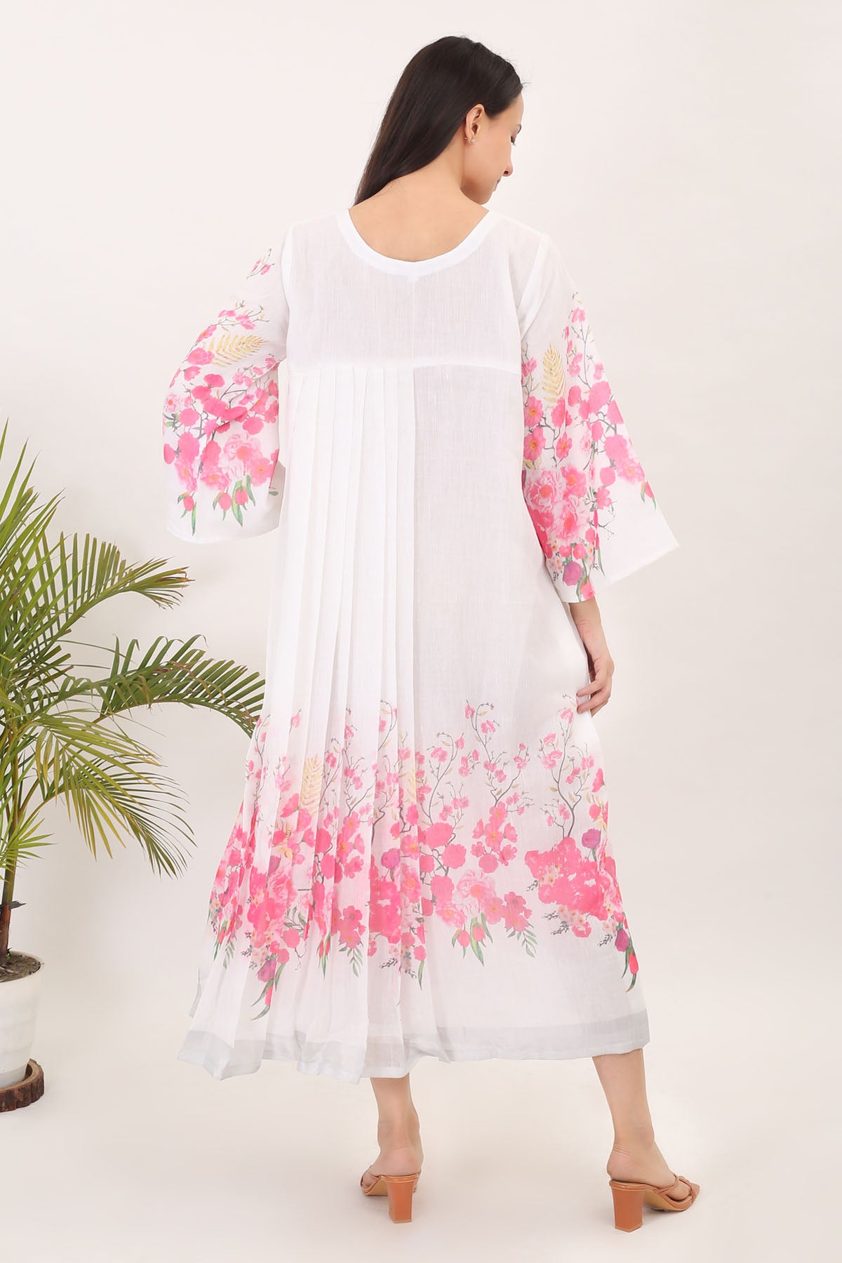 Pink White Pleated Print Dress