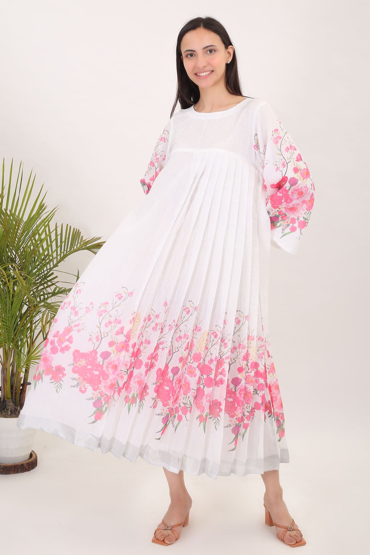 Pink White Pleated Print Dress