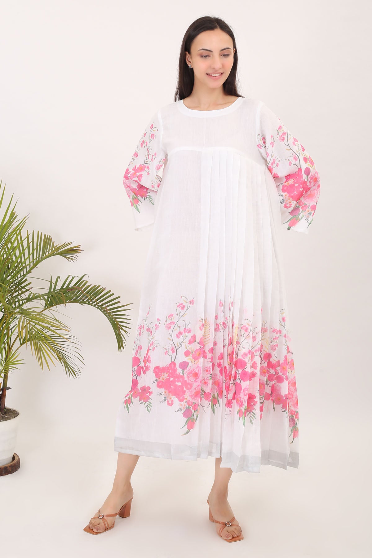 Pink White Pleated Print Dress