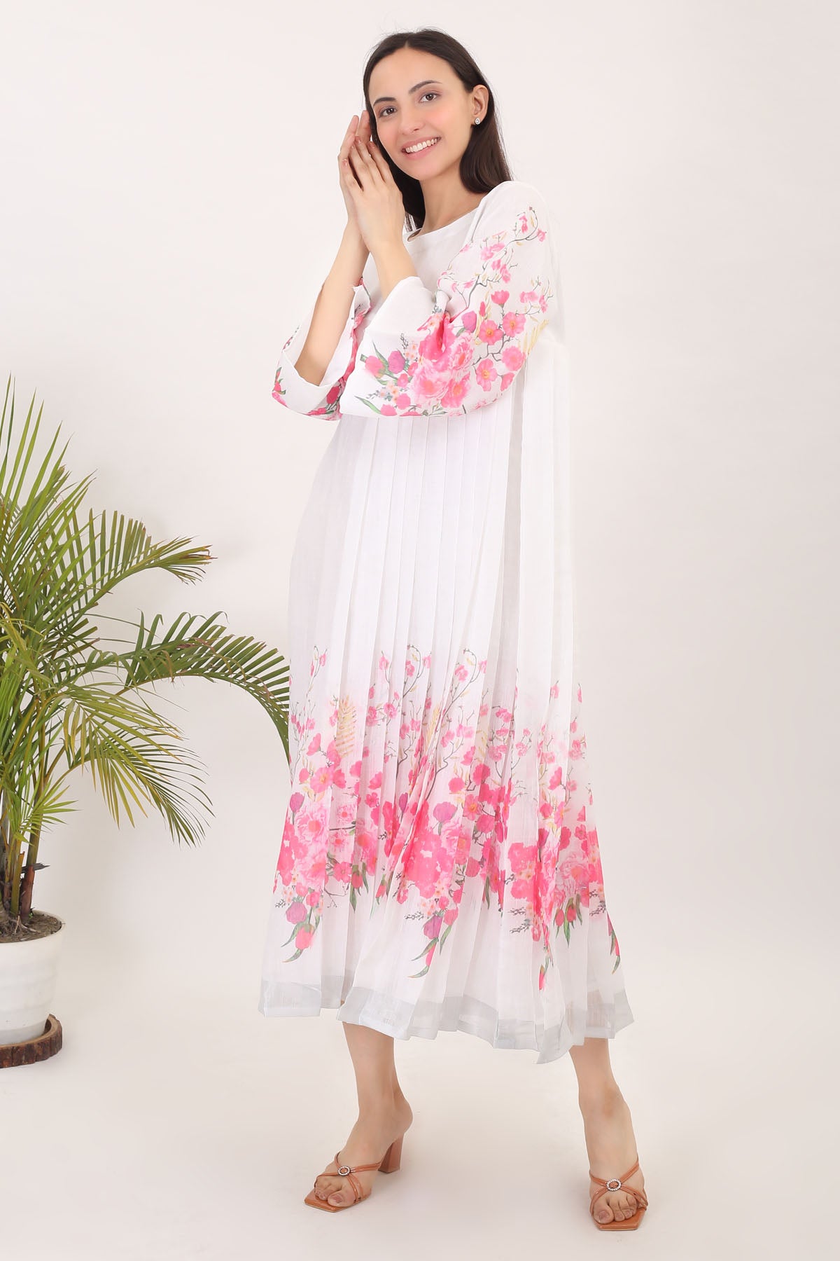 Pink White Pleated Print Dress