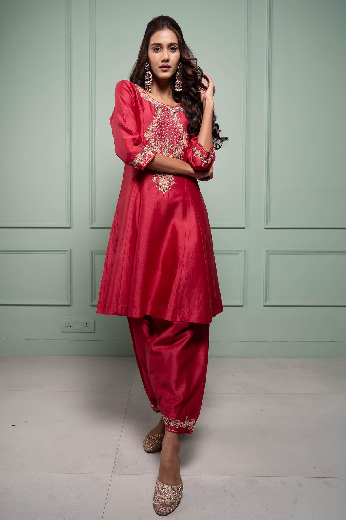 Pink A-Line Flared Kurta Set