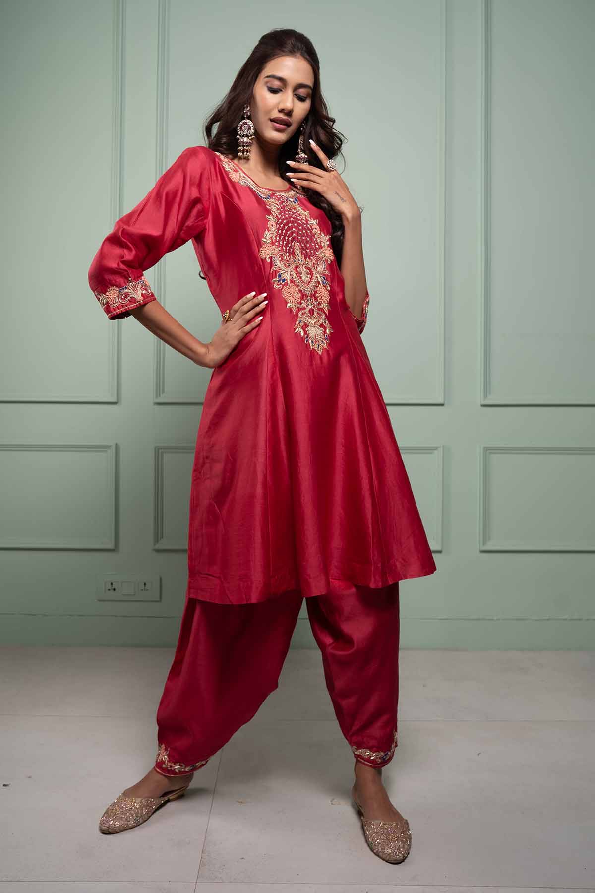 Pink A-Line Flared Kurta Set