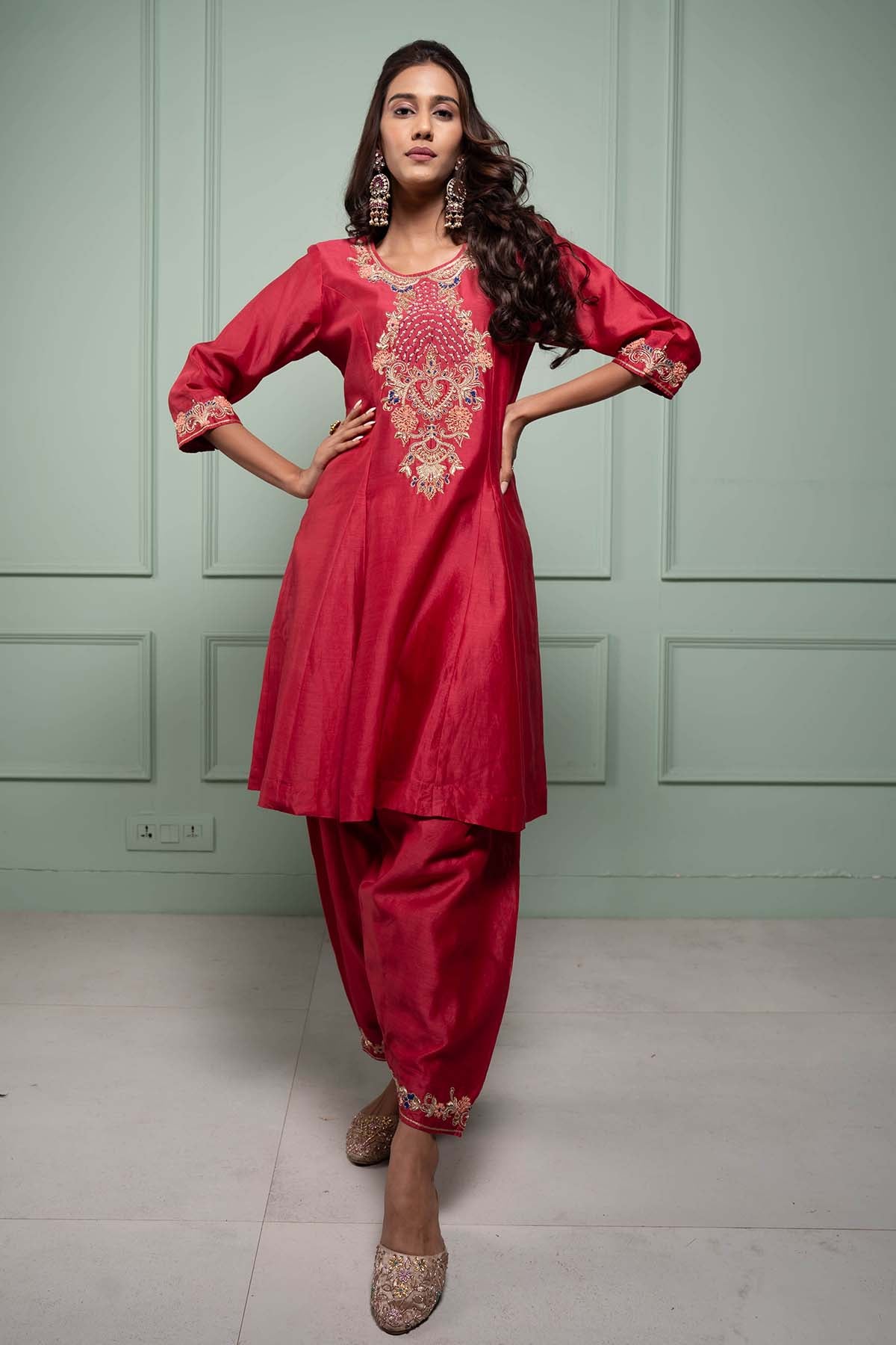 Pink A-Line Flared Kurta Set