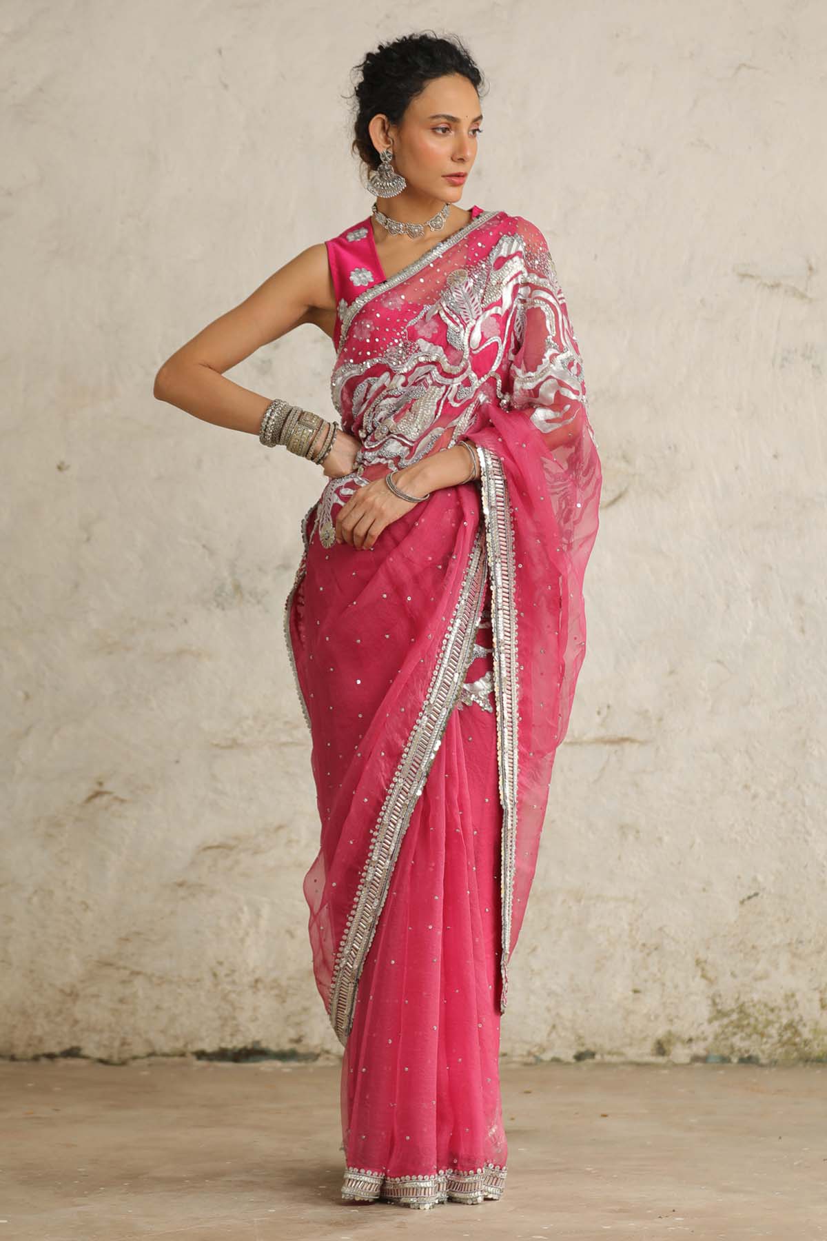 Saksham Neharicka Pink Aari Embroidered Saree Set for women online at ScrollnShops