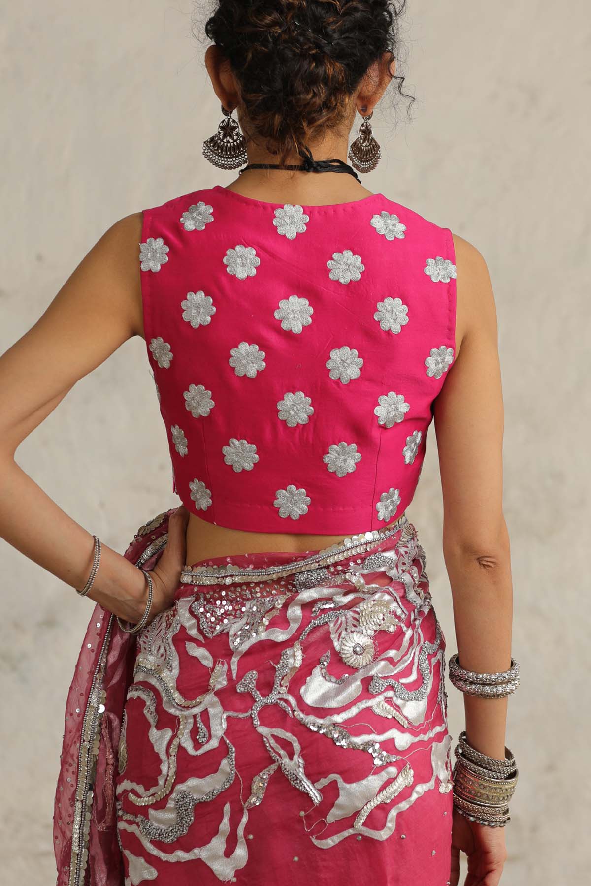 Pink Aari Embroidered Saree Set