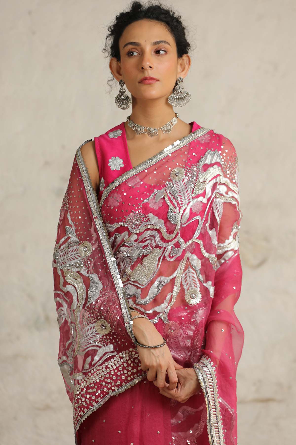 Pink Aari Embroidered Saree Set