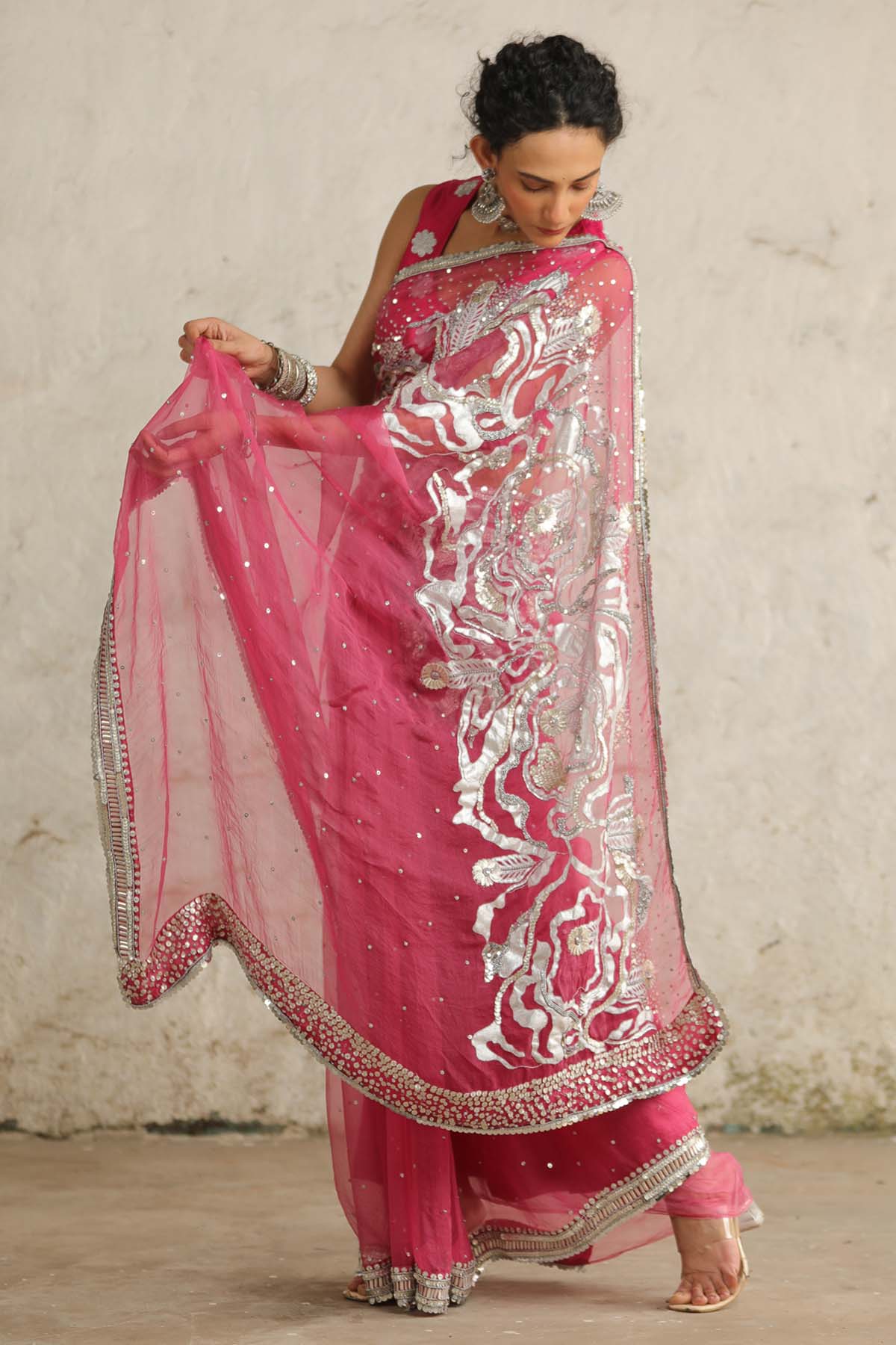 Pink Aari Embroidered Saree Set