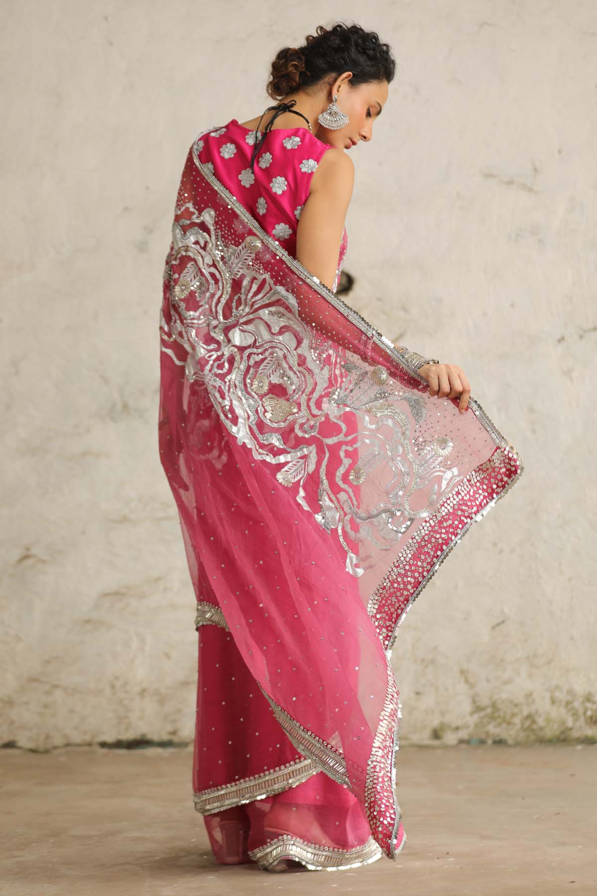 Pink Aari Embroidered Saree Set