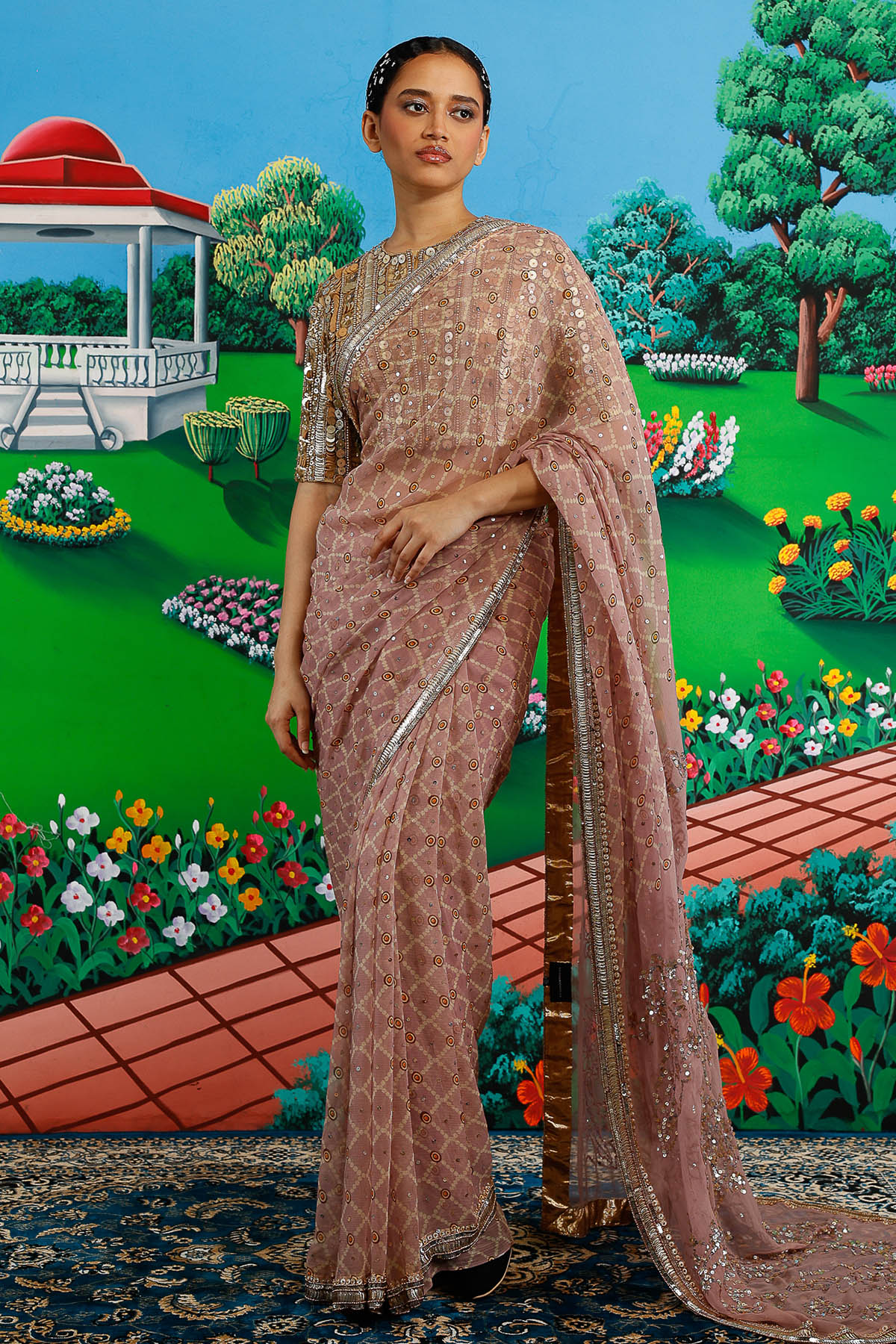 Buy Pink Aari Sequin Work Saree Set for women by Saksham Neharicka online available at scrollnshops