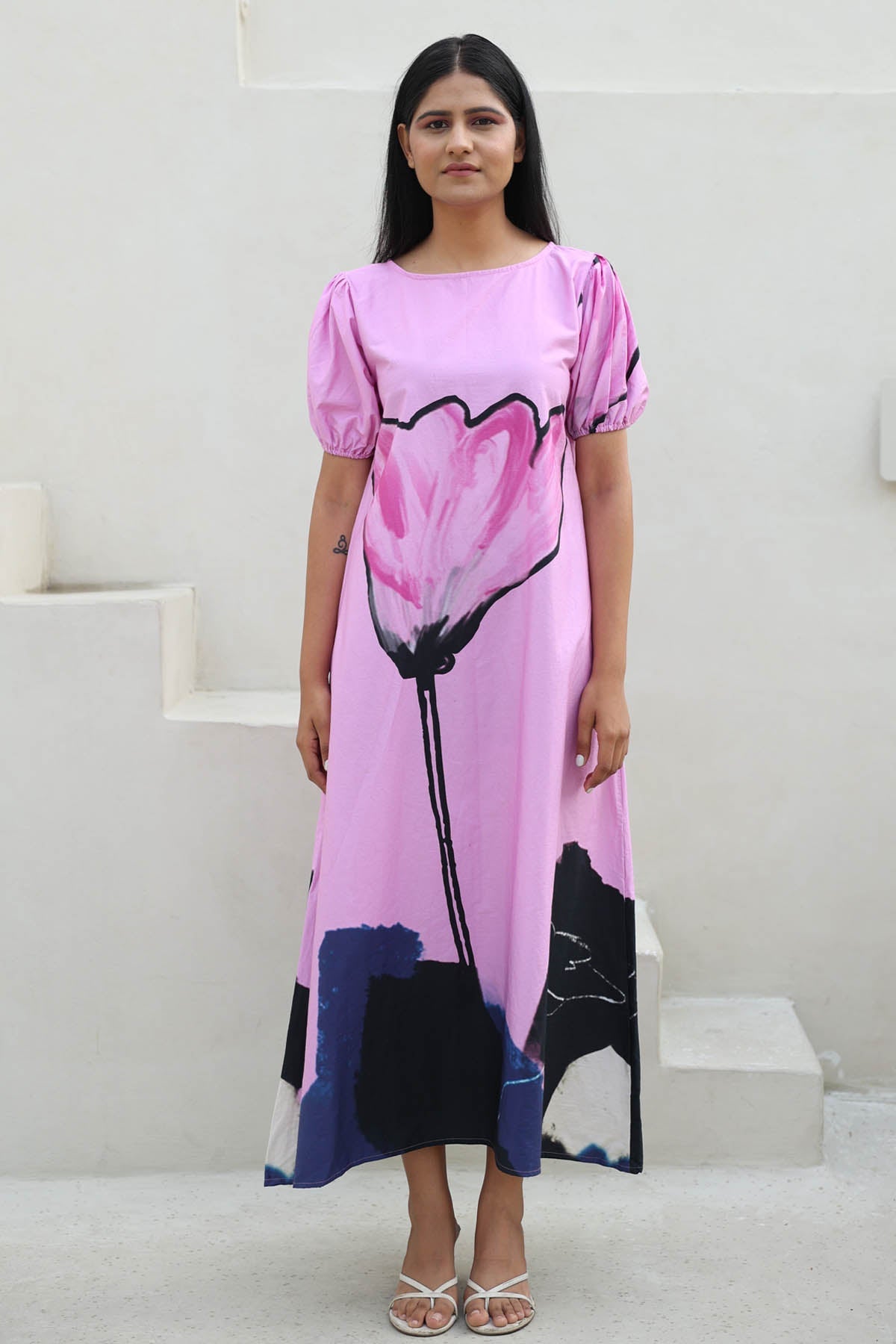 RadhaRaman Pink Abstract Print Midi Dress for women online at ScrollnShops