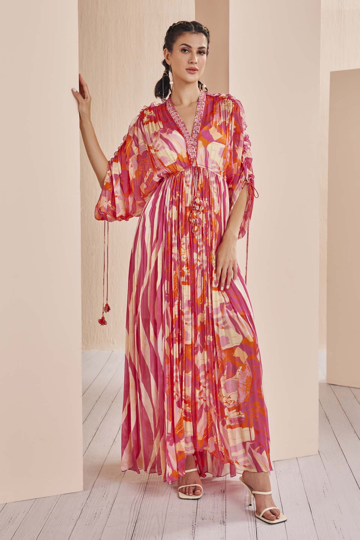 Buy Pink Abstract Print Pleated Kaftan by Mandira Wirk