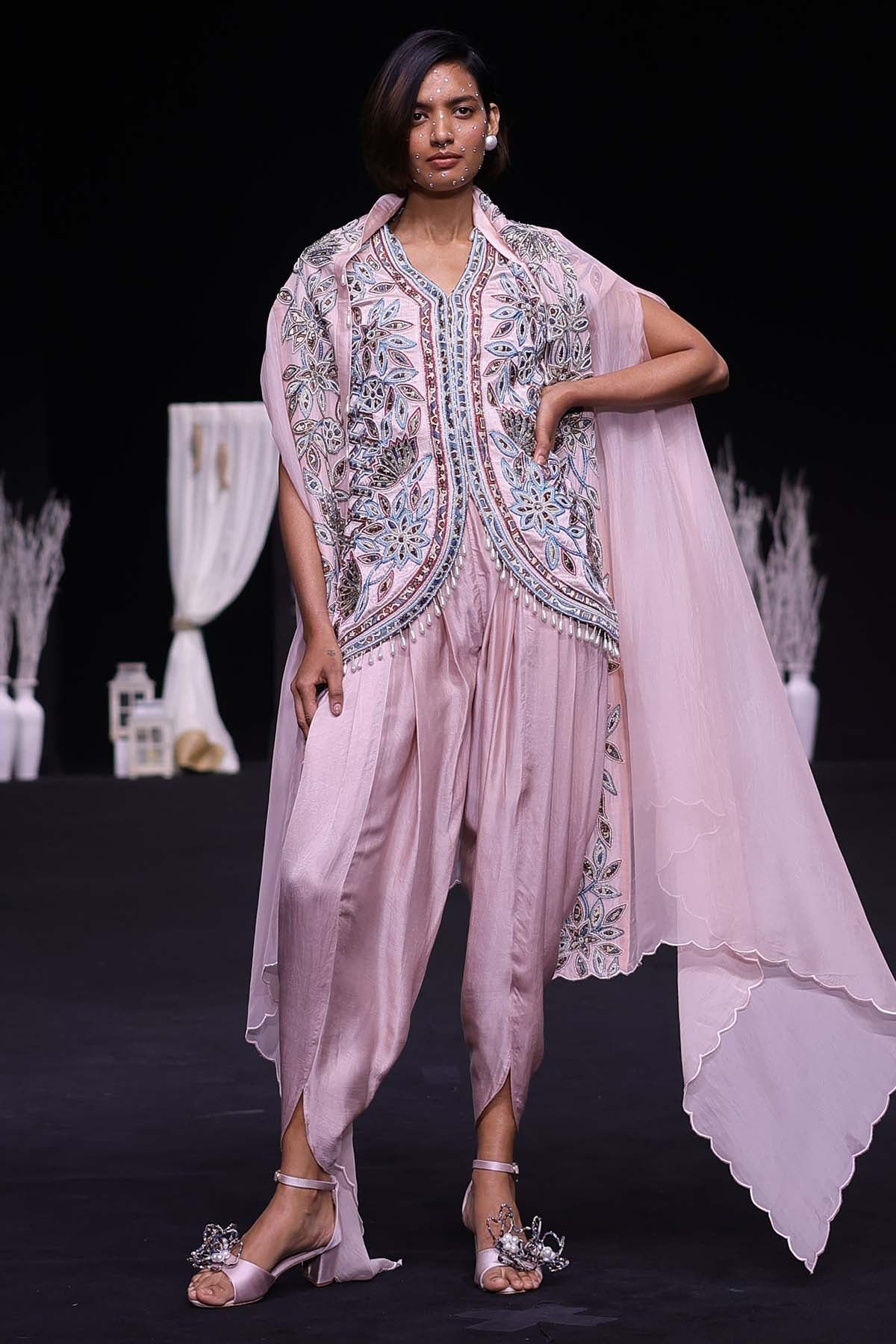 Sejal Kamdar Pink Ajrakh Embellished Cape Set for women online at ScrollnShops