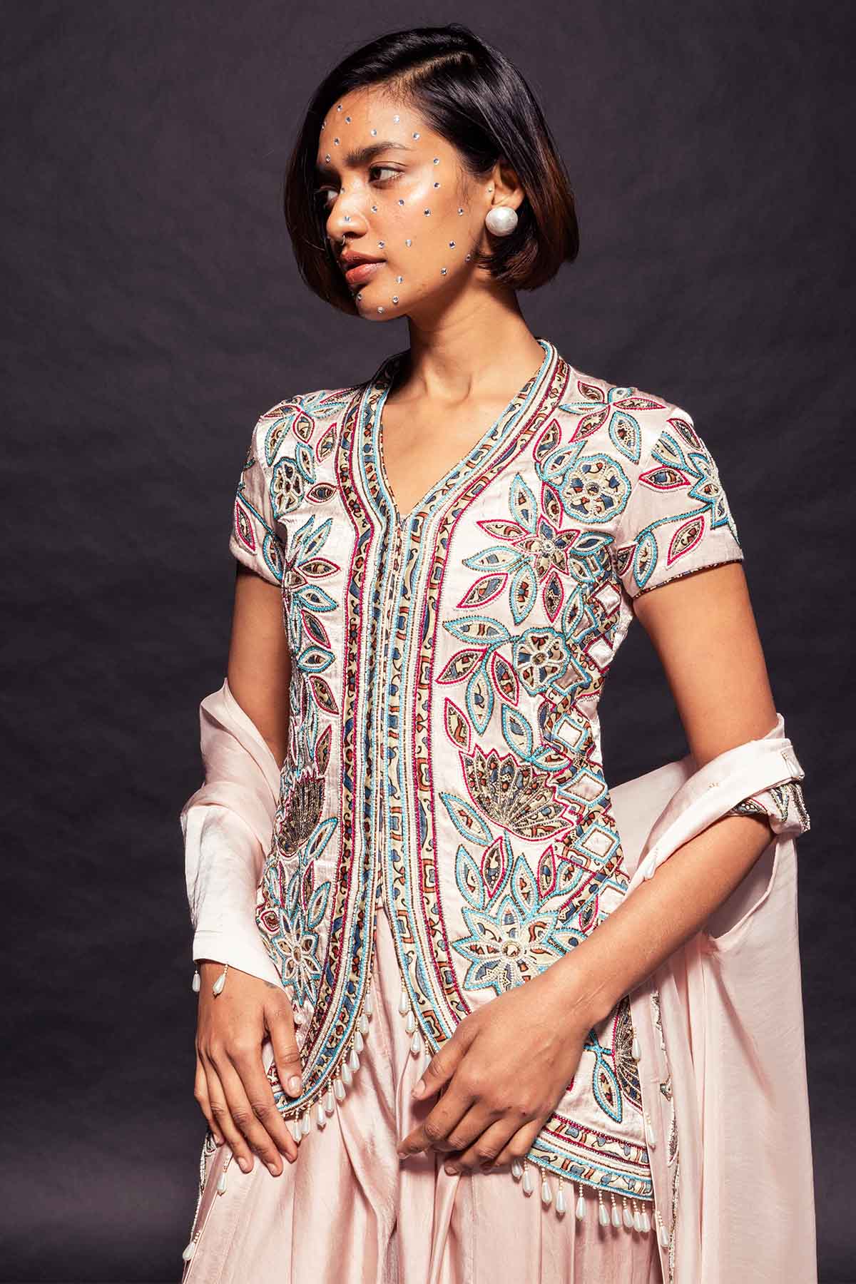 Pink Ajrakh Embellished Cape Set