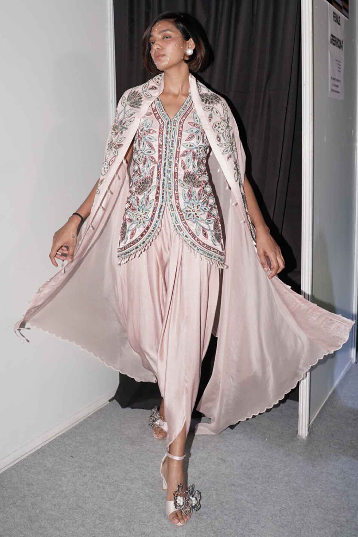 Pink Ajrakh Embellished Cape Set