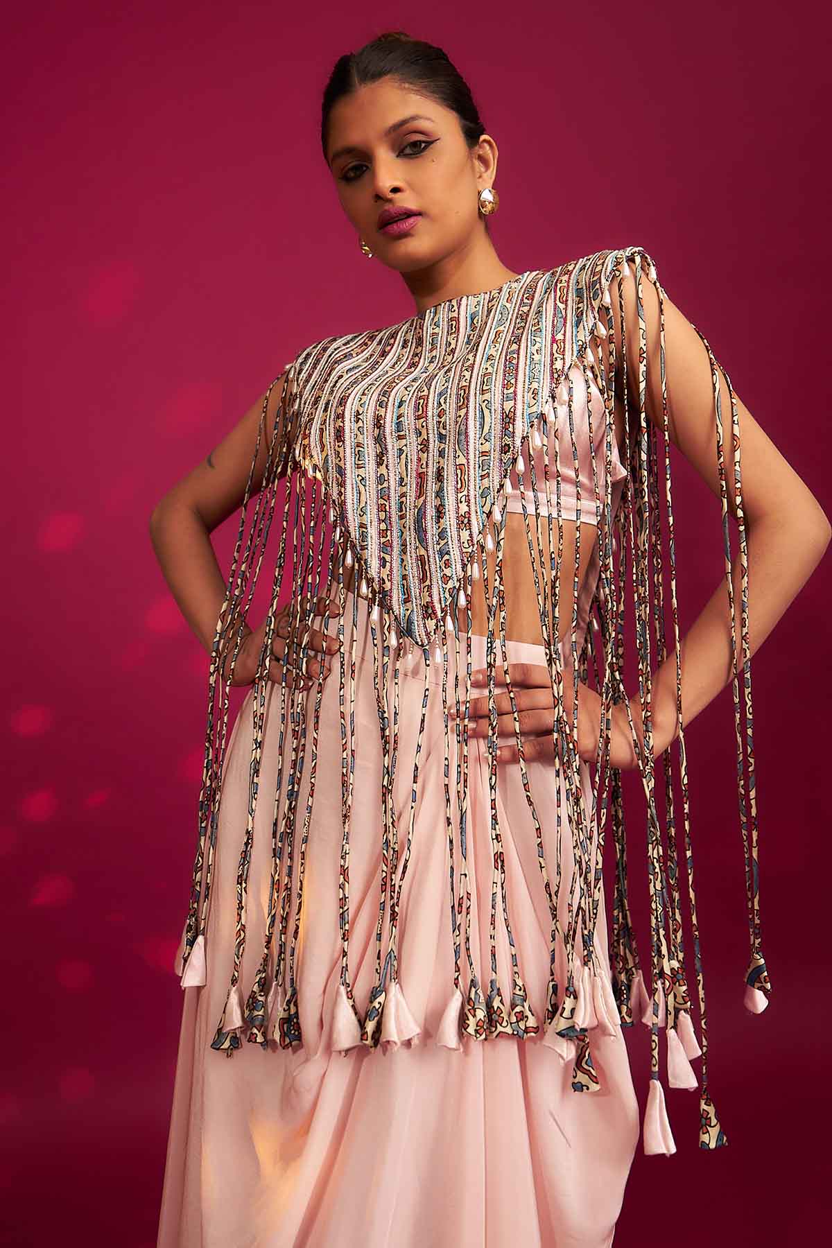 Pink Ajrakh Jacket & Drape Skirt