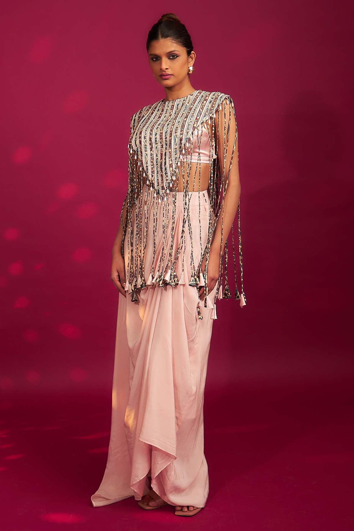 Pink Ajrakh Jacket & Drape Skirt