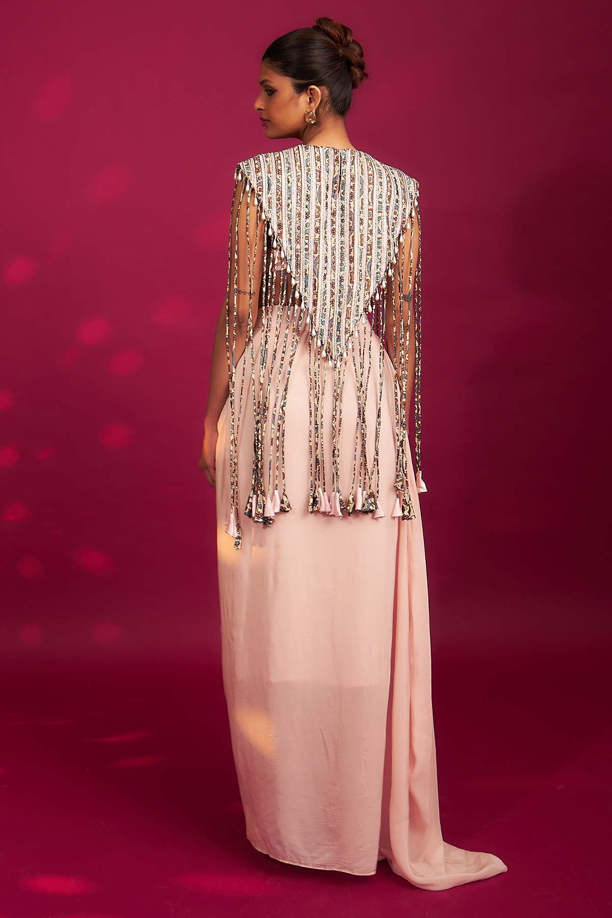 Pink Ajrakh Jacket & Drape Skirt