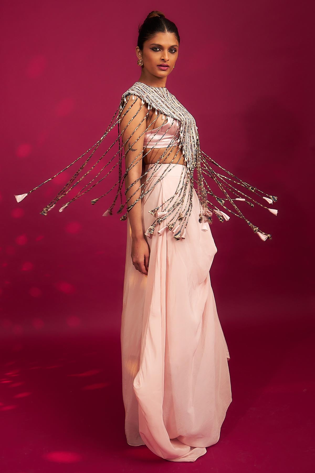 Pink Ajrakh Jacket & Drape Skirt