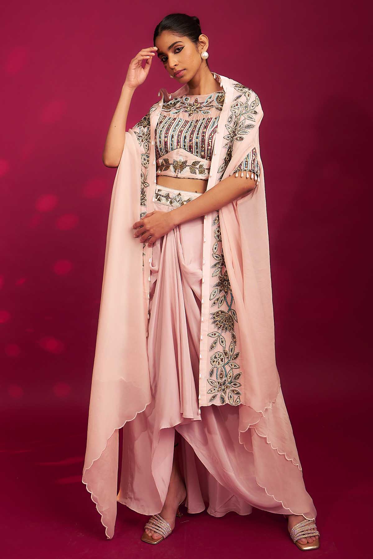 Pink Ajrakh Patchwork Cape Set