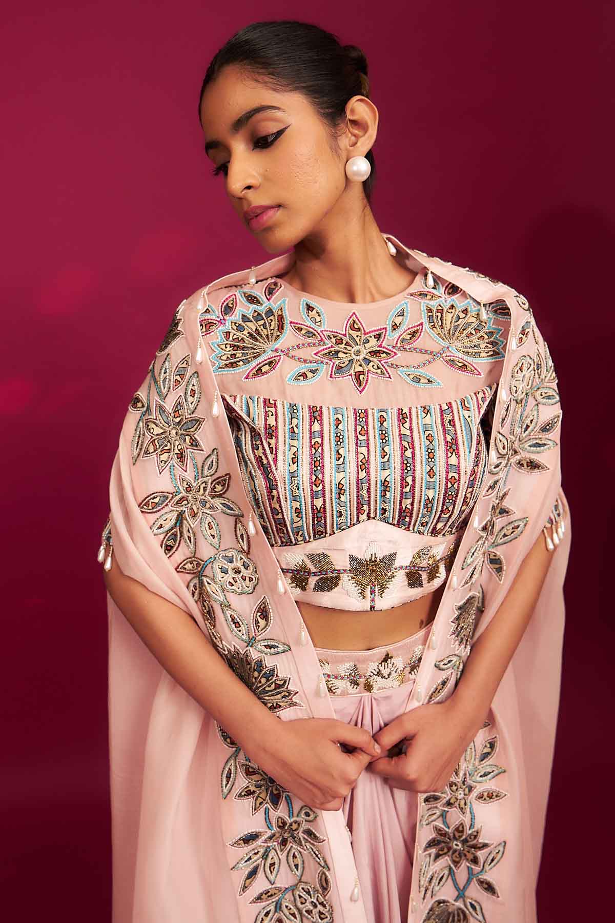 Pink Ajrakh Patchwork Cape Set