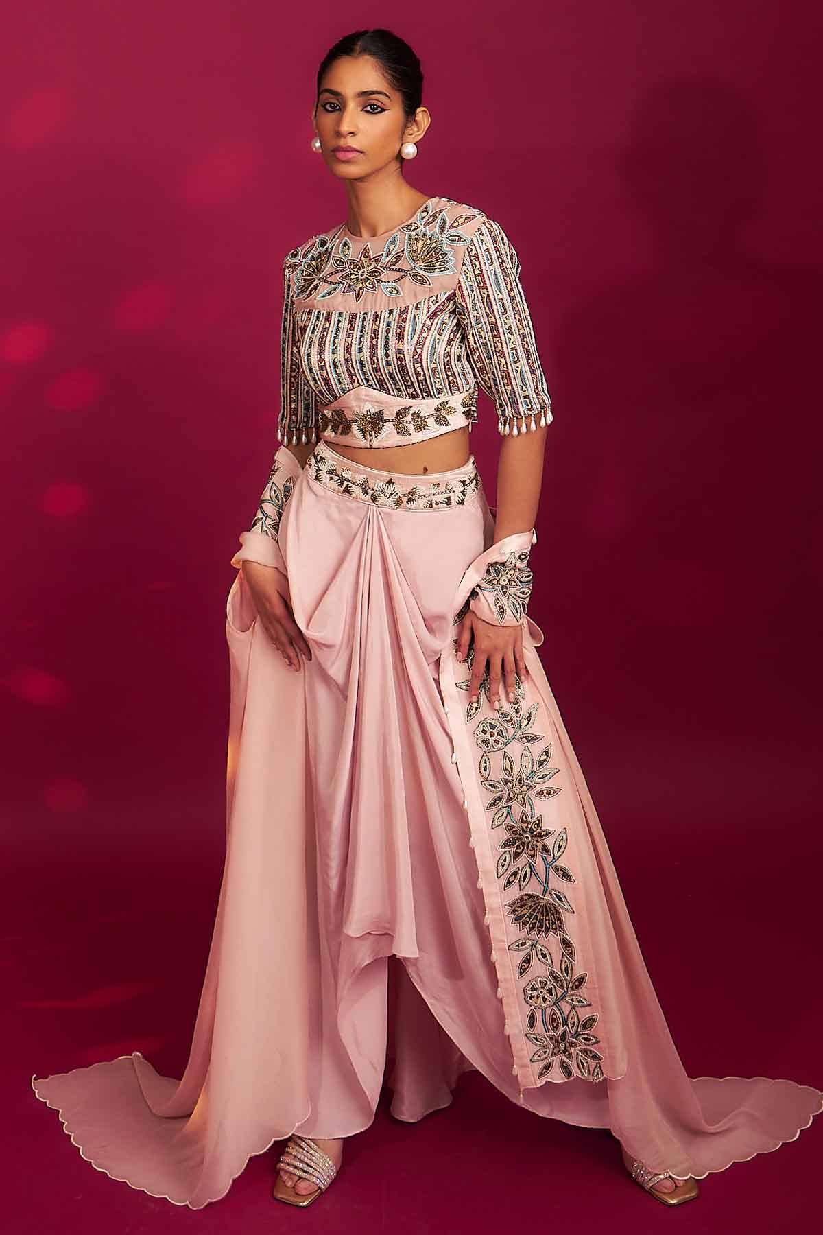 Pink Ajrakh Patchwork Cape Set