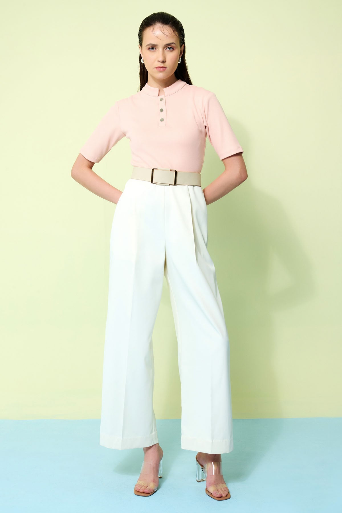 Vanten Pink And Ivory Jumpsuit & Belt for women online at ScrollnShops