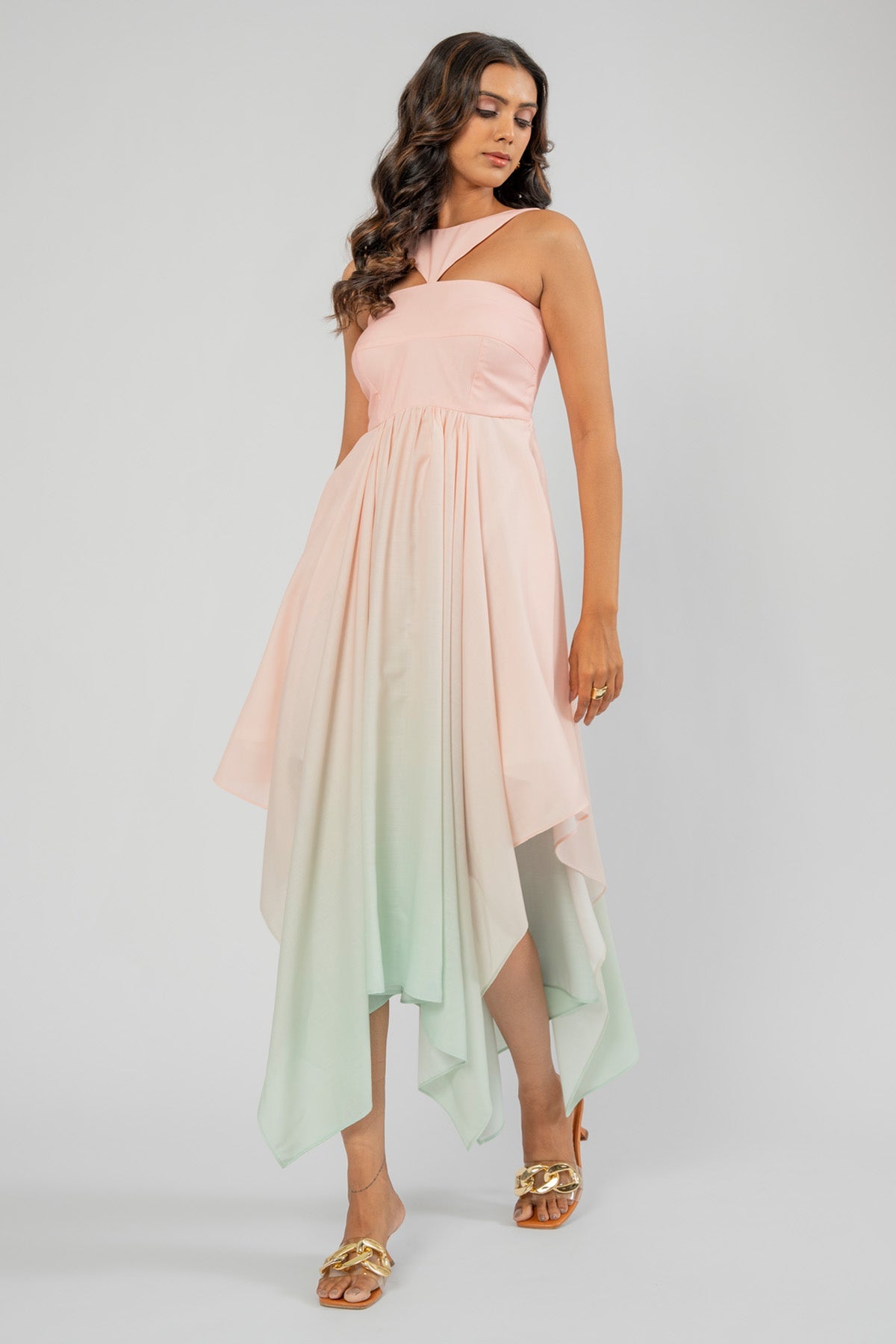The Decem Ally Pink And Mint Asymmetric Dress for Women online available at scrollnshops