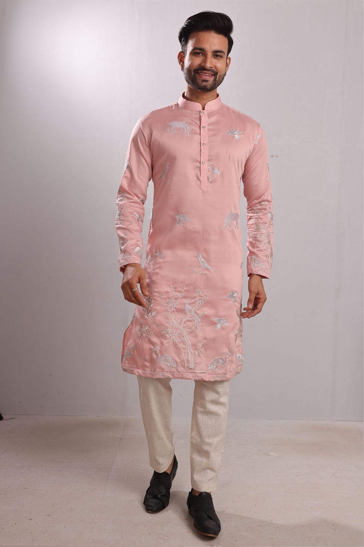 Buy Pink Animal Embroidered Kurta by SNEHA B - Men for men online at ScrollnShops