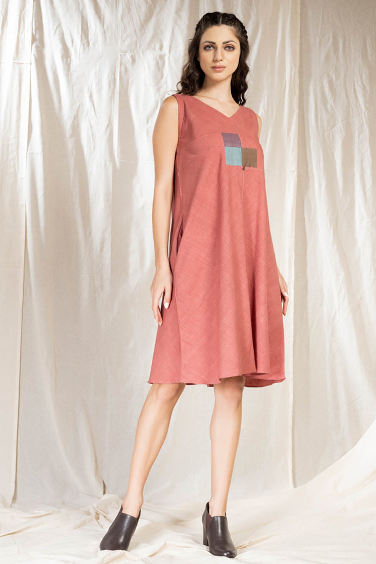 Pink Applique Work Midi Dress