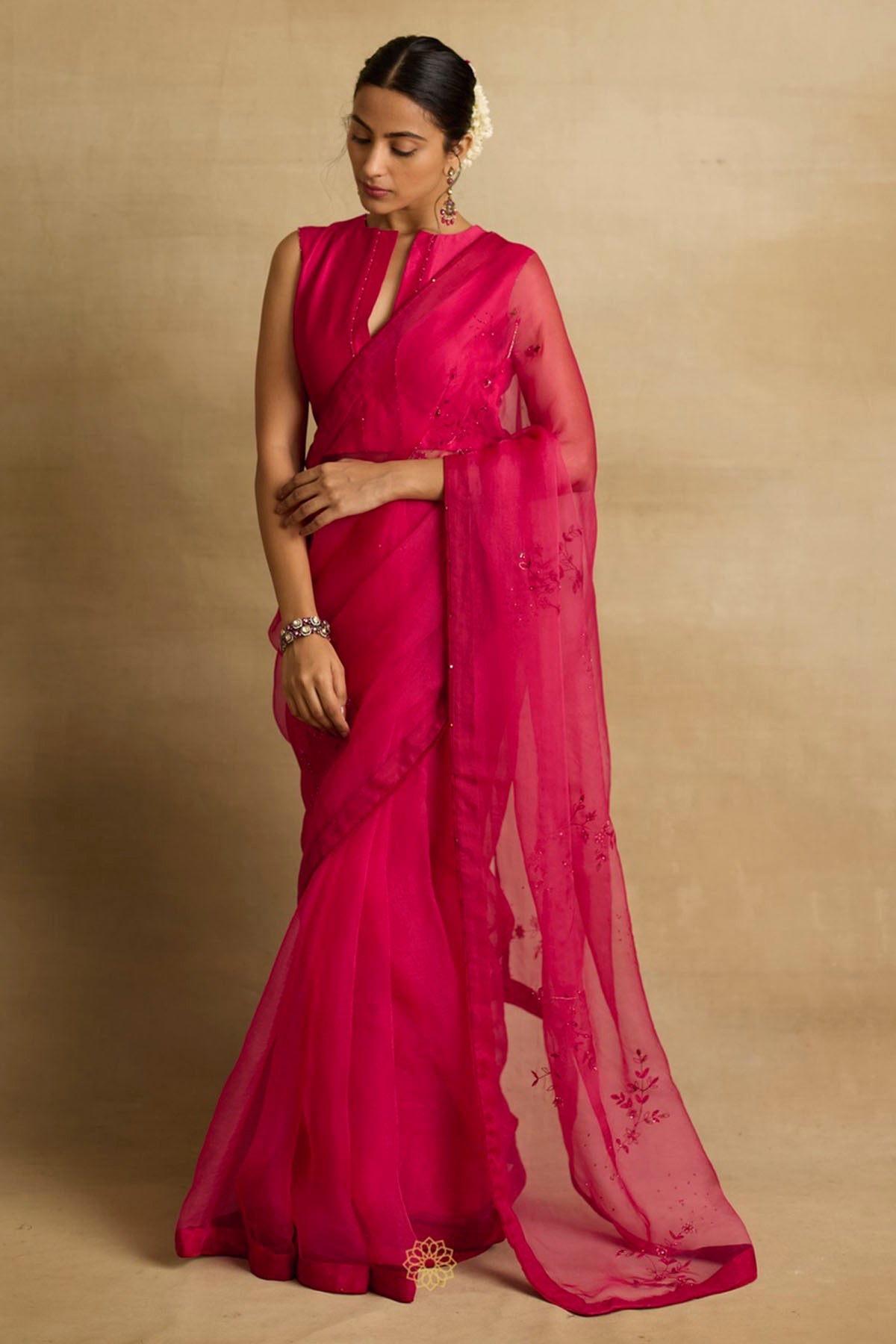 Rhua Pink Ari Embroidered Saree Set for women online at ScrollnShops