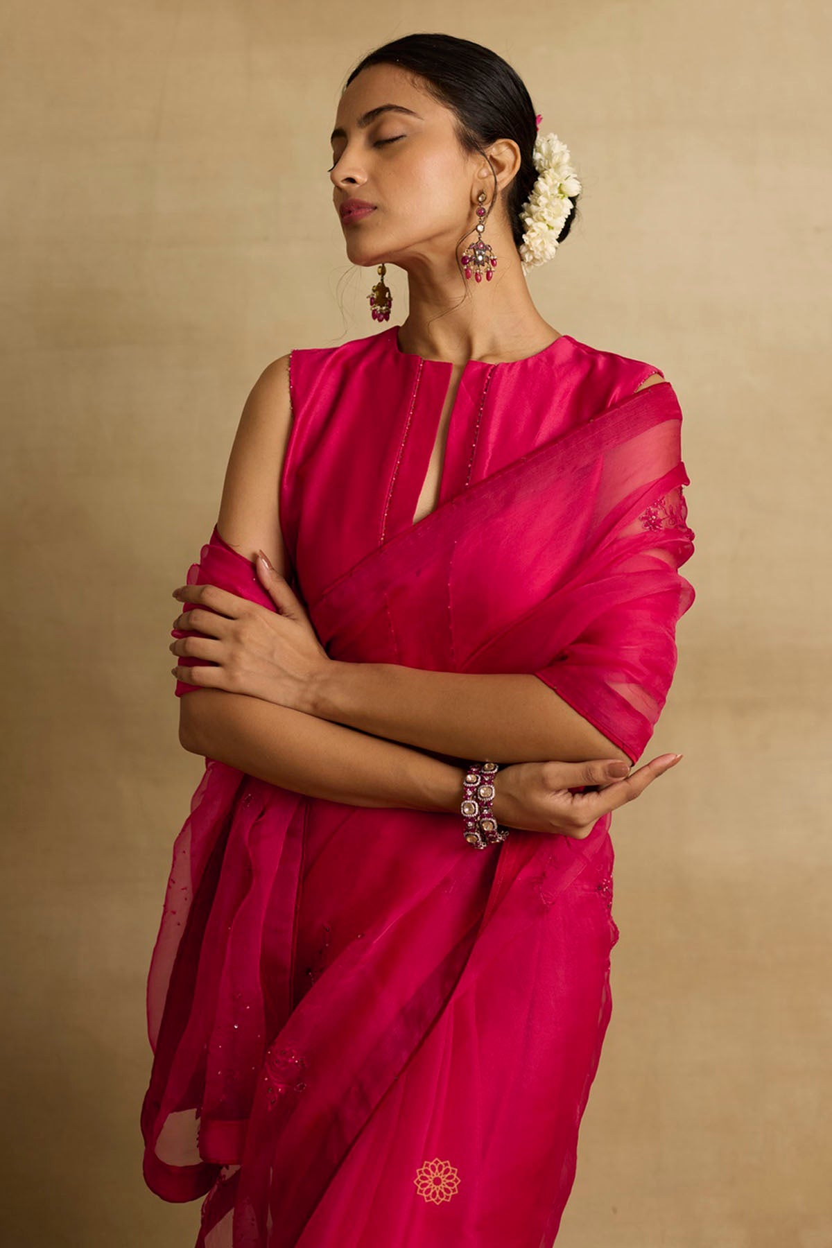 Pink Ari Embroidered Saree Set