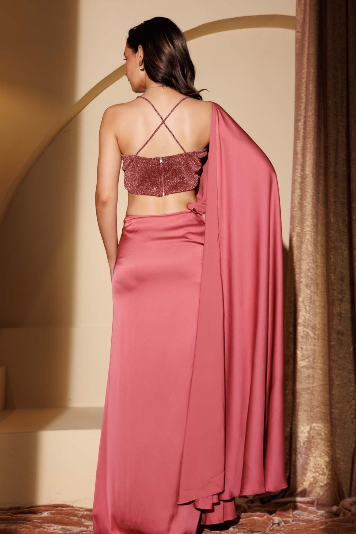 Pink Asymmetric Pre-Draped Saree
