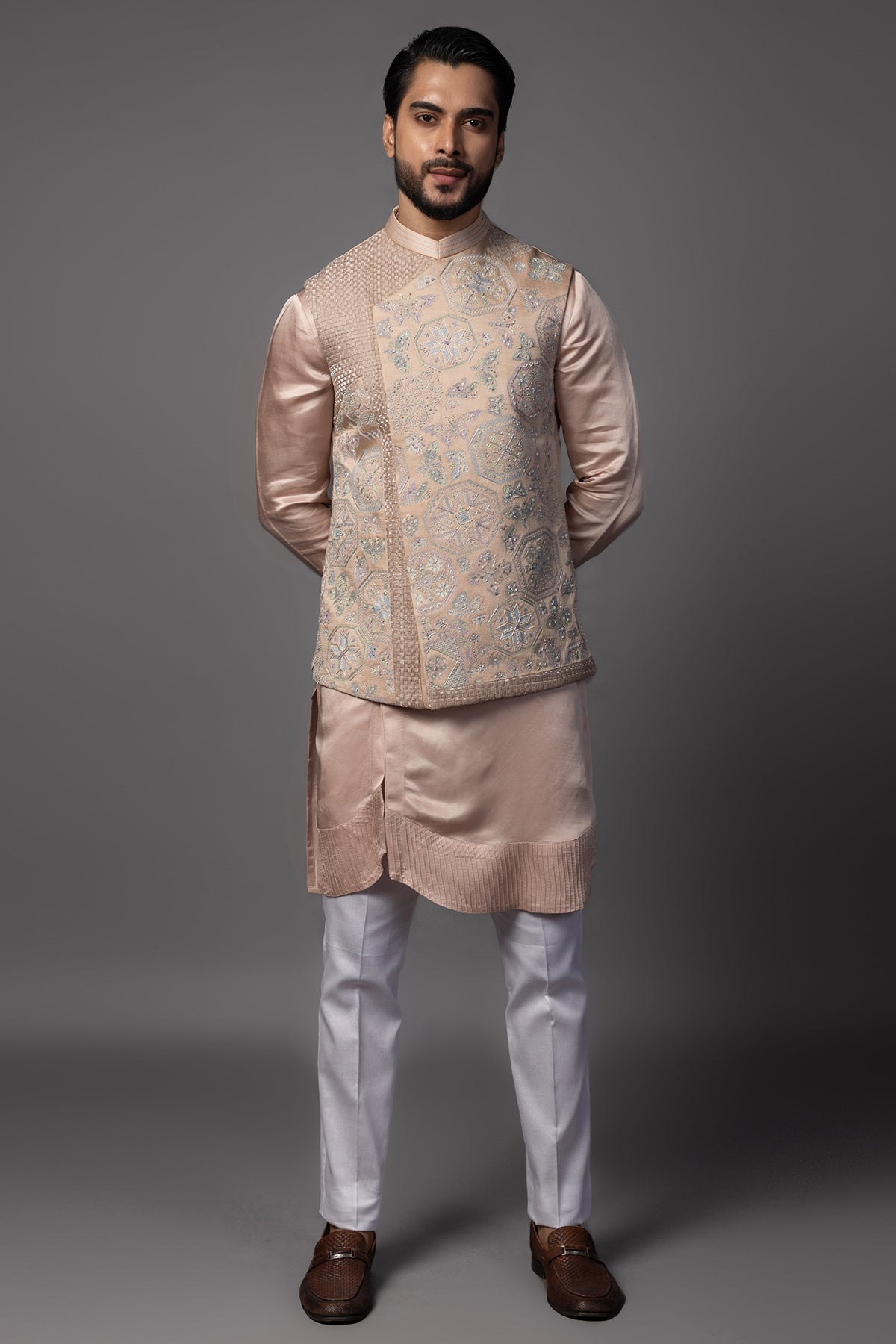 Buy Pink Asymmetric Work Kurta Set for men by Paarsh Atelier online available at scrollnshops