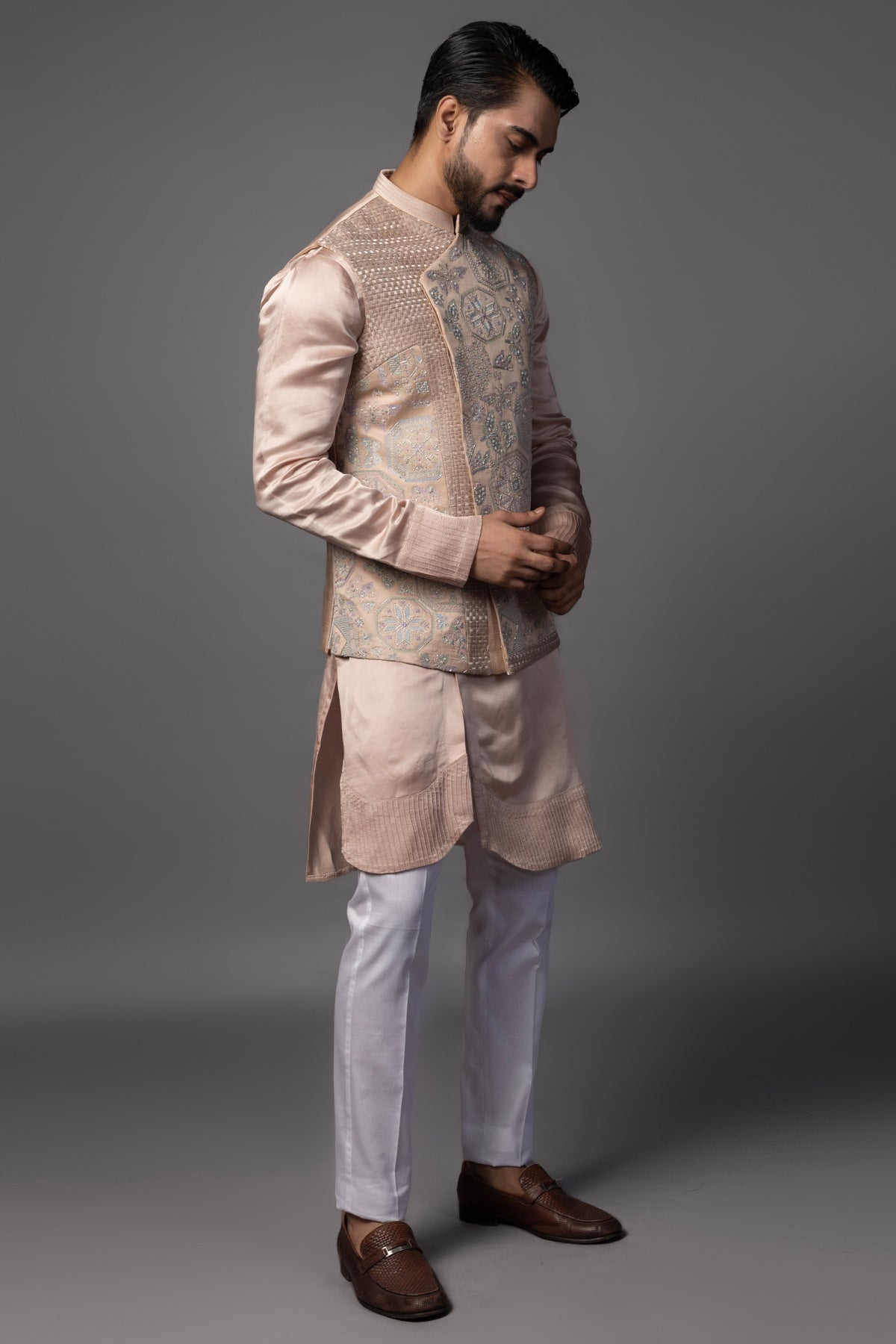 Pink Asymmetric Work Kurta Set