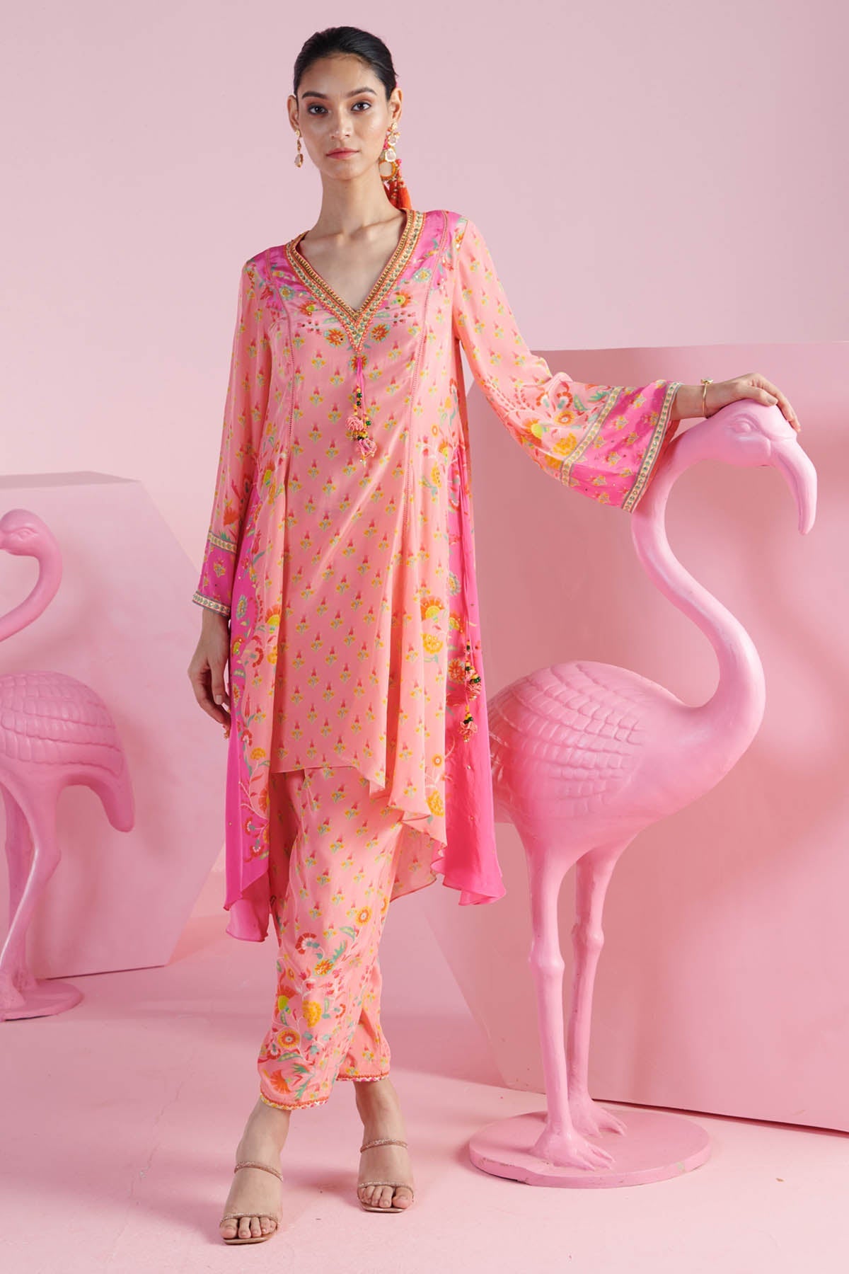 Buy Pink Asymmetrical Kurta & Pants by Mandira Wirk