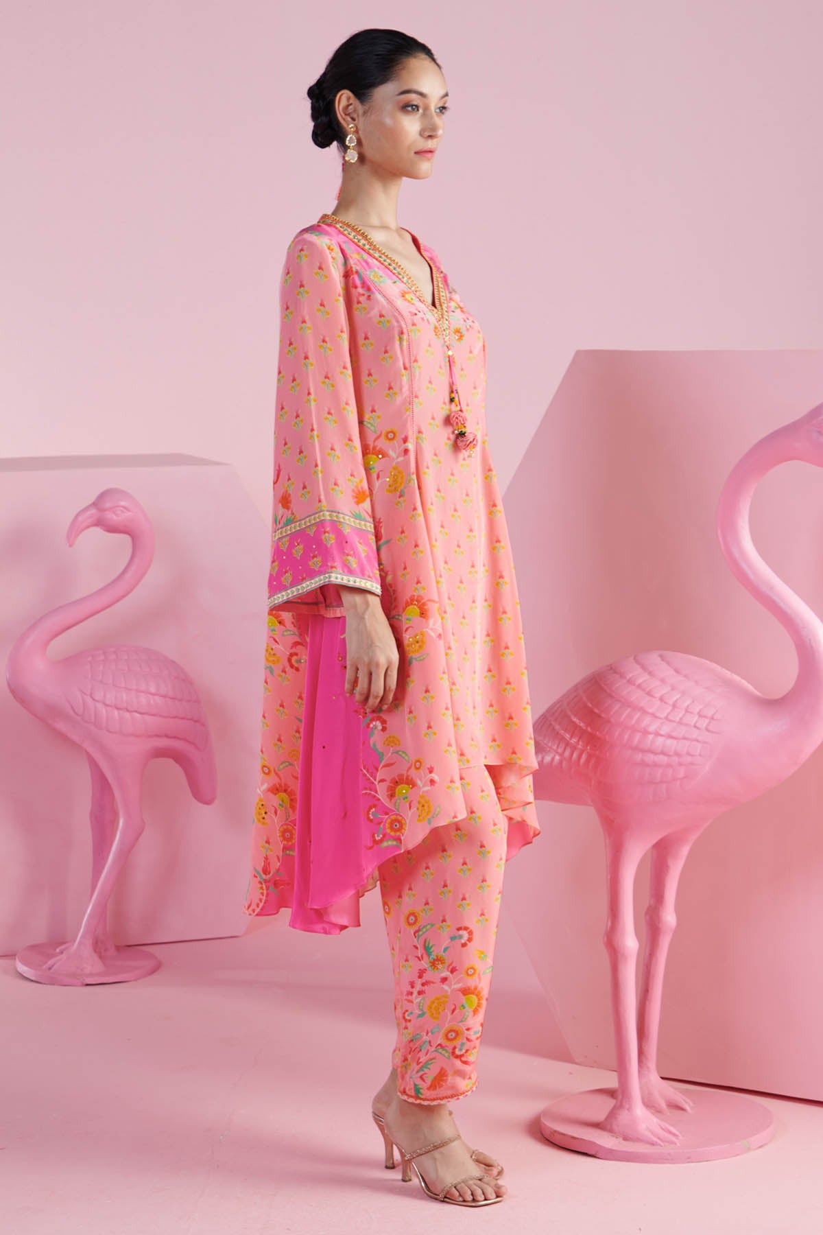 Pink Asymmetrical Kurta & Pants