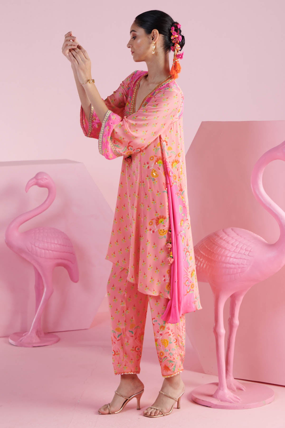 Pink Asymmetrical Kurta & Pants