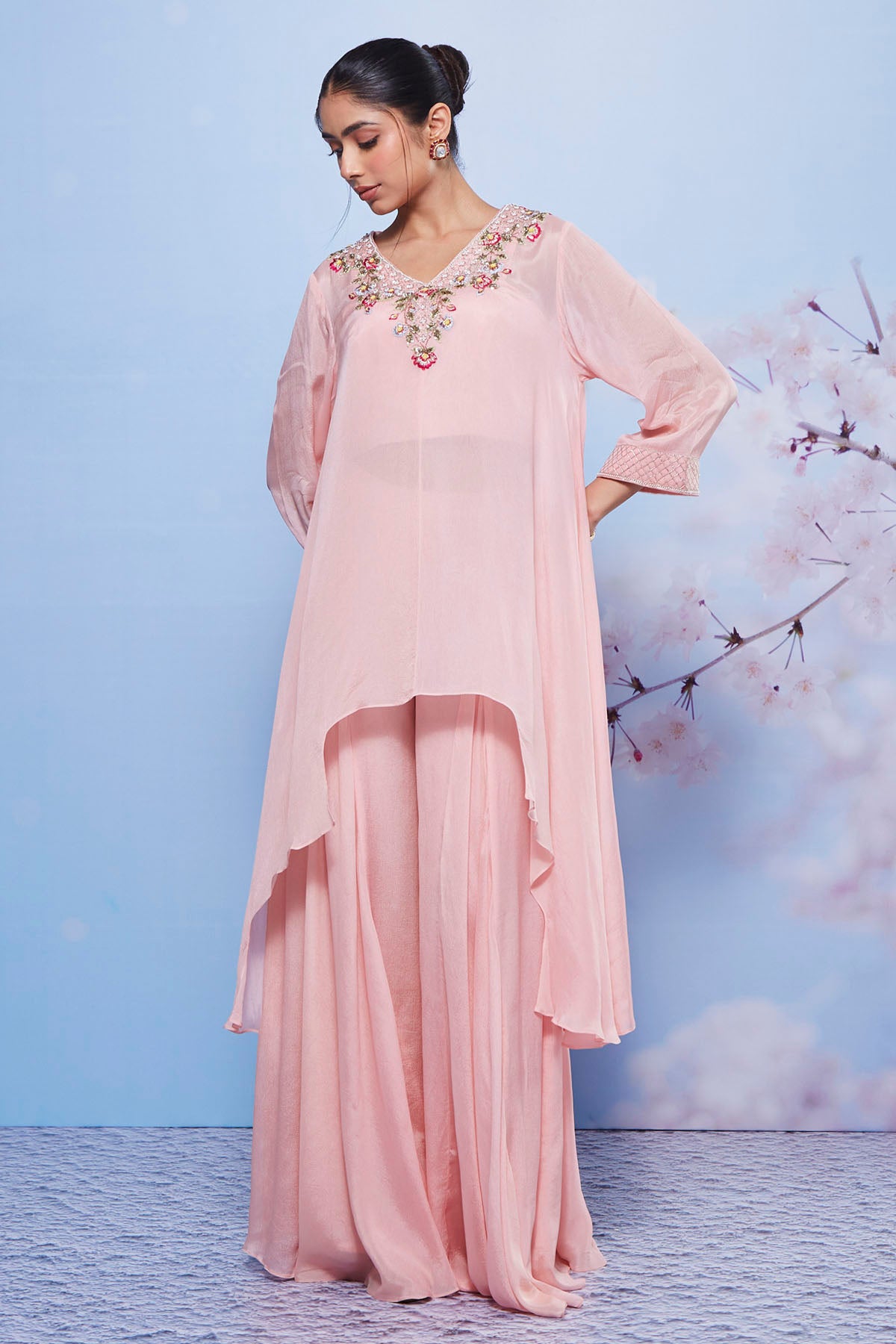 Pink Asymmetrical Kurta Set