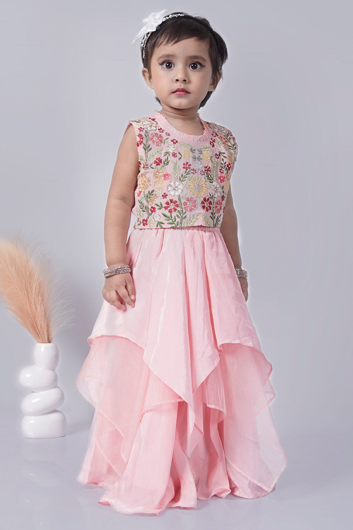 Buy Pink Asymmetrical Lehenga Set for girl by Little Brats online available at scrollnshops