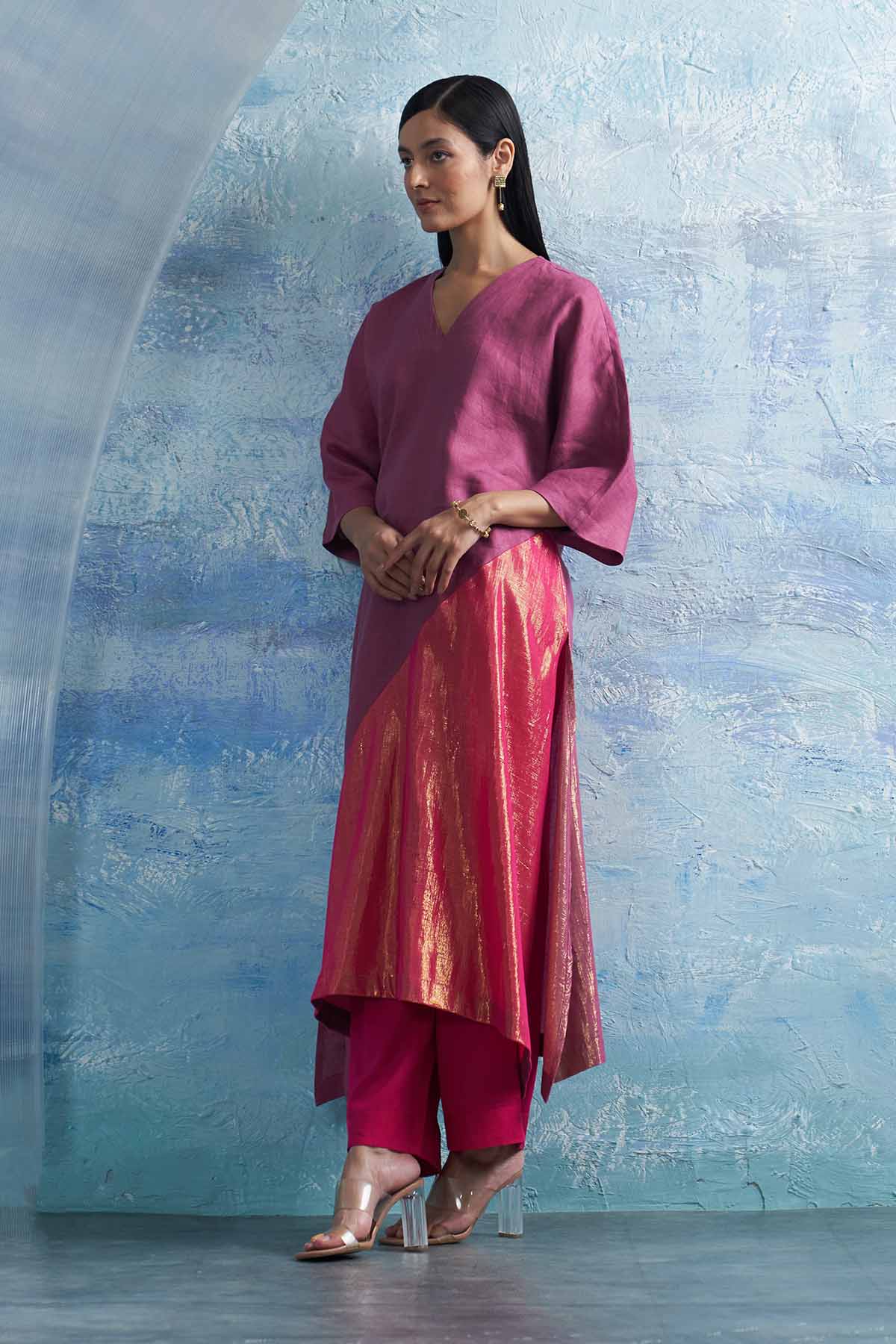 Pink Asymmetrical Long Kurta Set