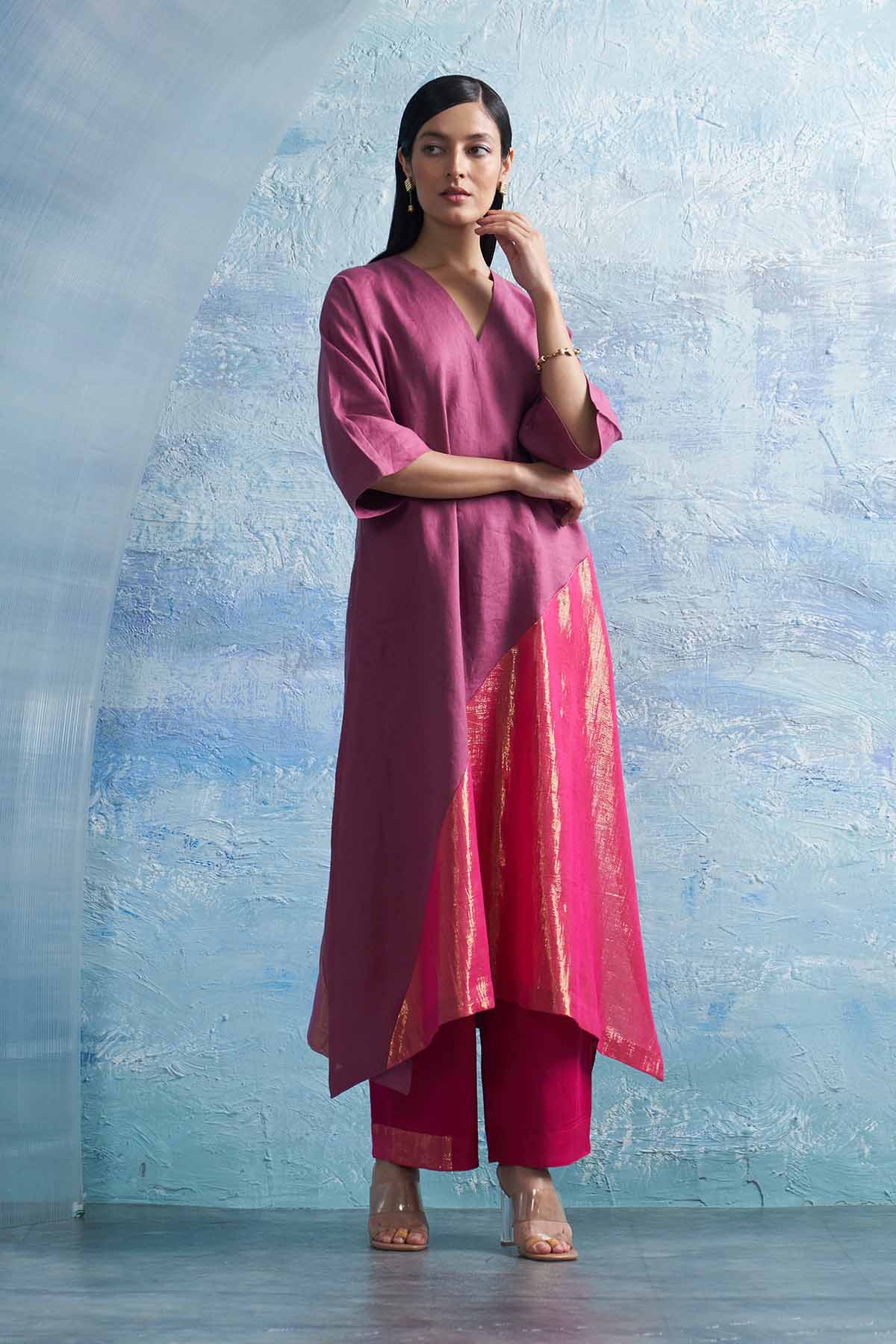 Pink Asymmetrical Long Kurta Set