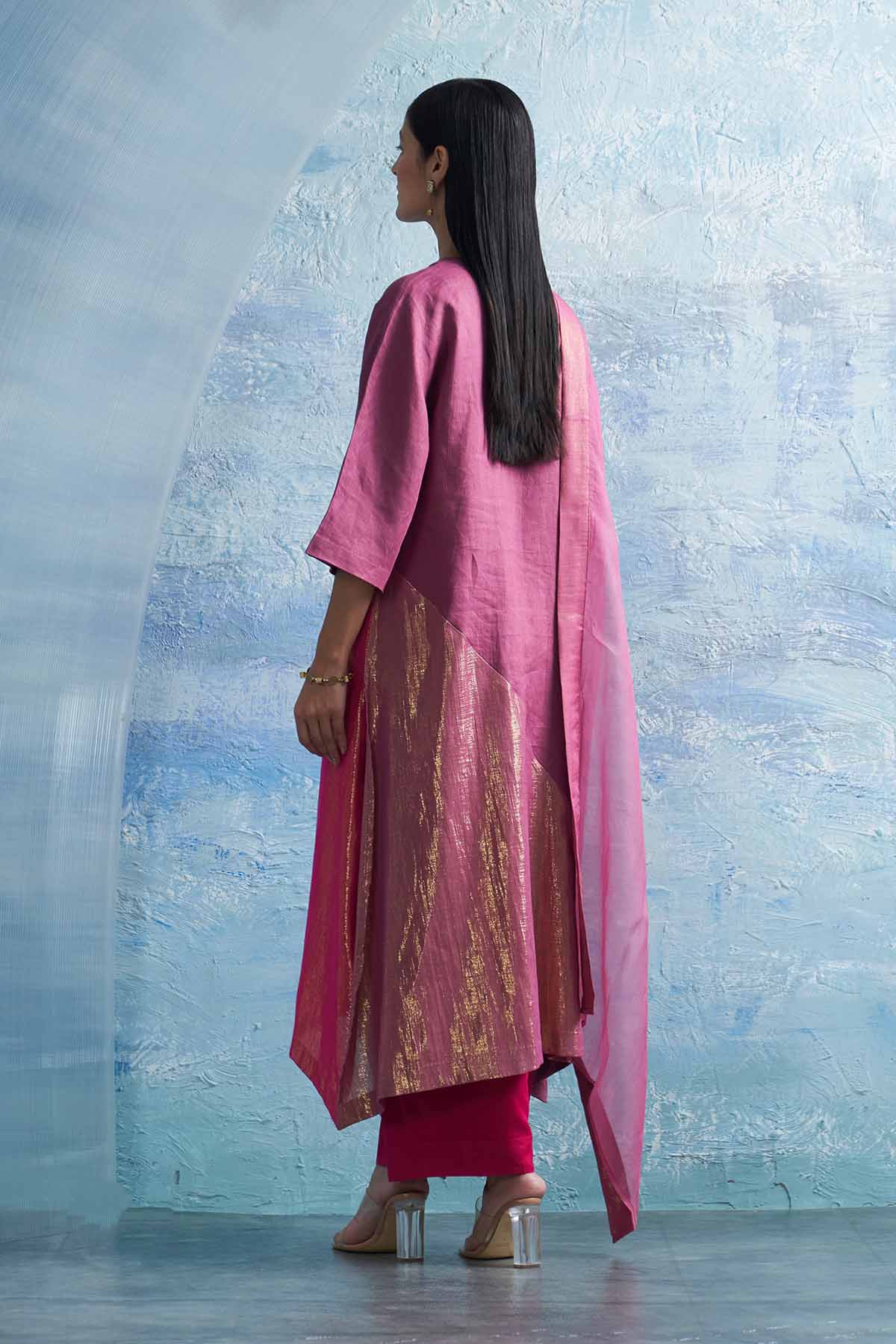 Pink Asymmetrical Long Kurta Set