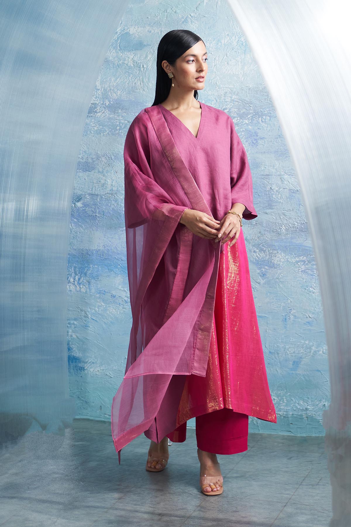 Buy Pink Asymmetrical Long Kurta Set by Charkhee for women online at ScrollnShops