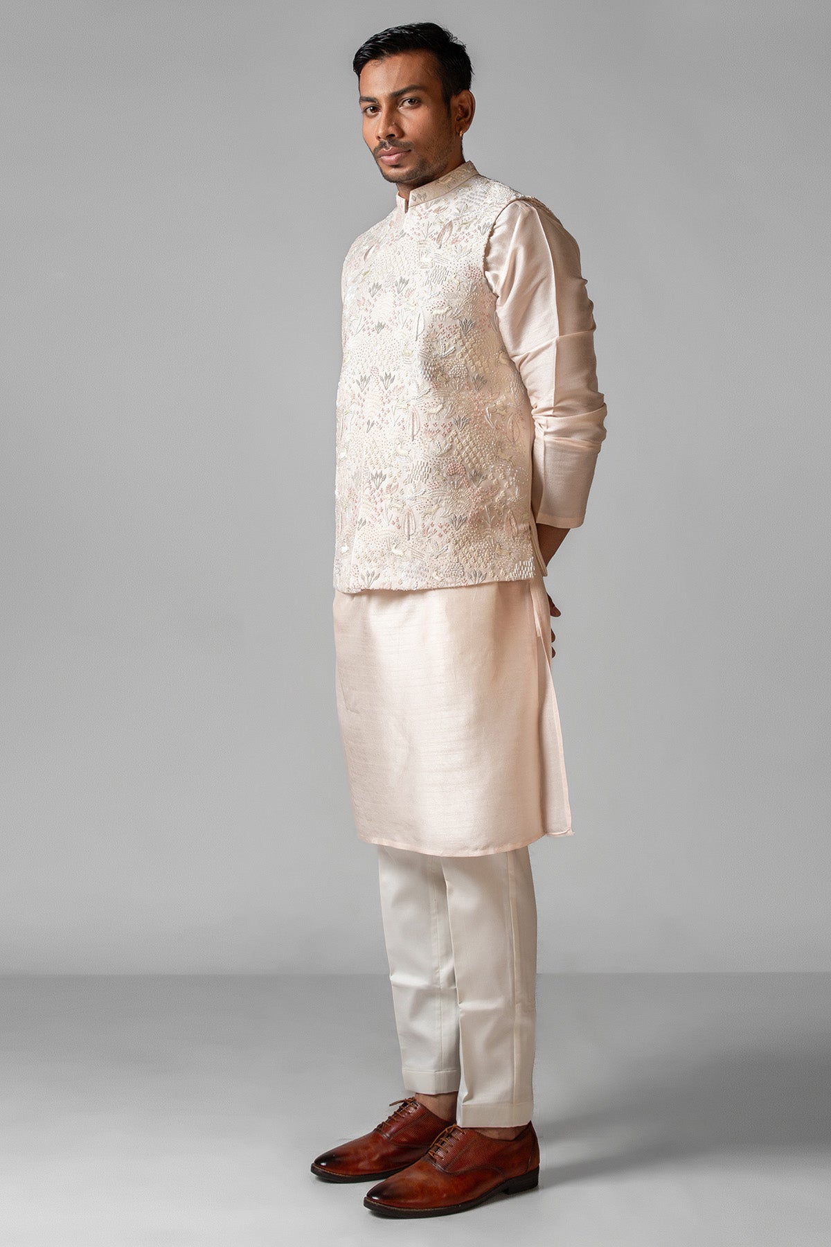 Pink Bam Silk Resham Kurta Set