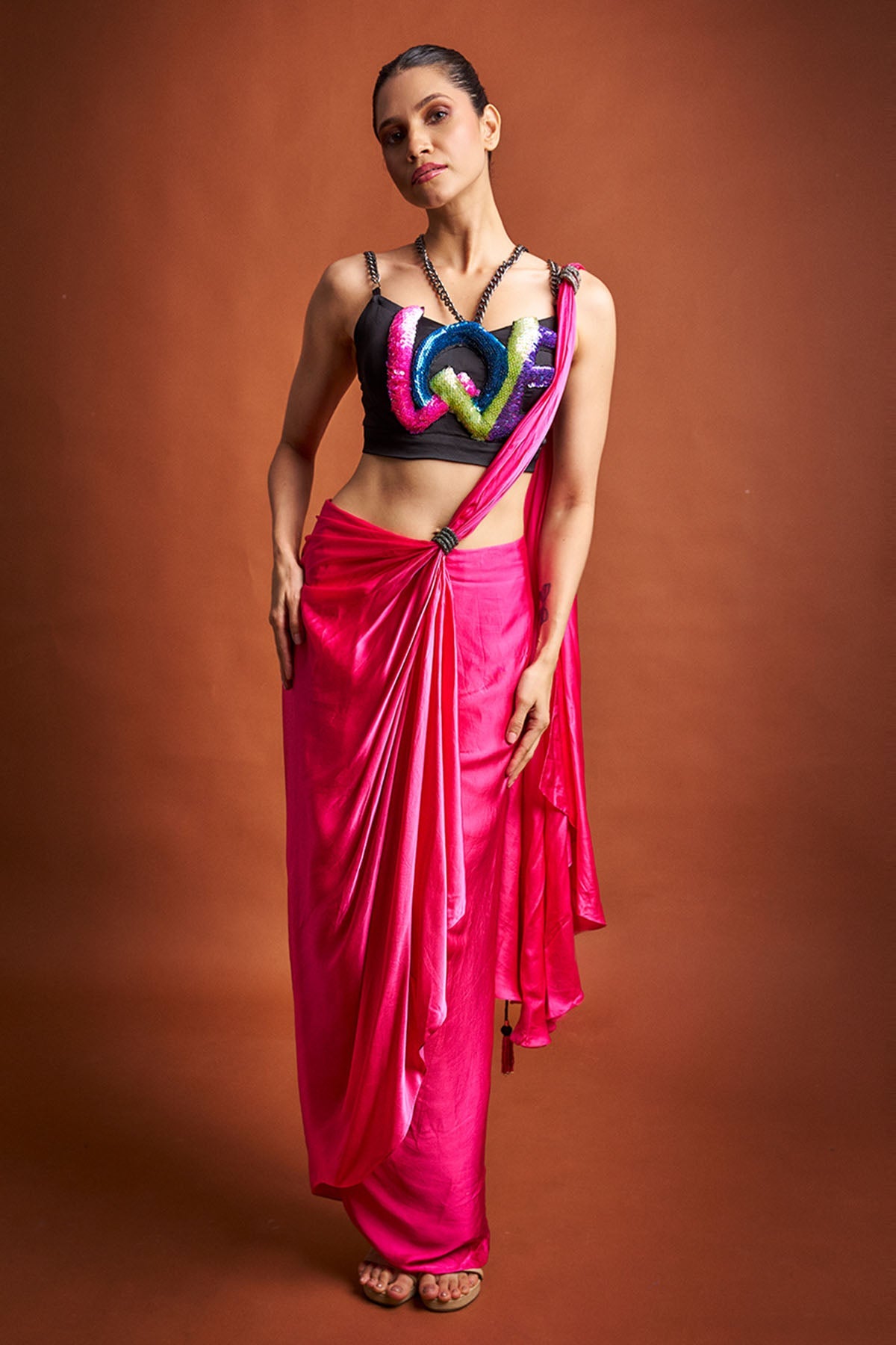 Buy Pink Bamberg Satin Saree Set for women by Ricka Gauba online available at scrollnshops