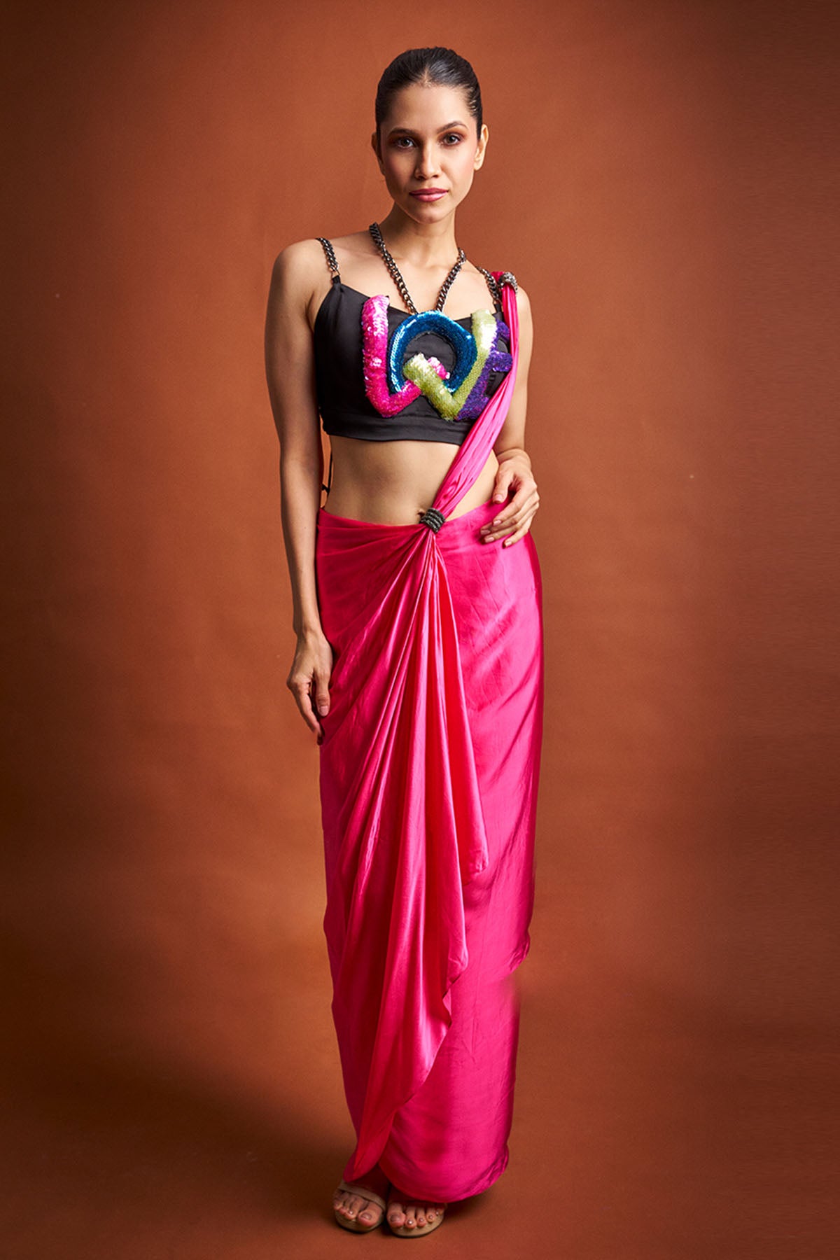 Pink Bamberg Satin Saree Set