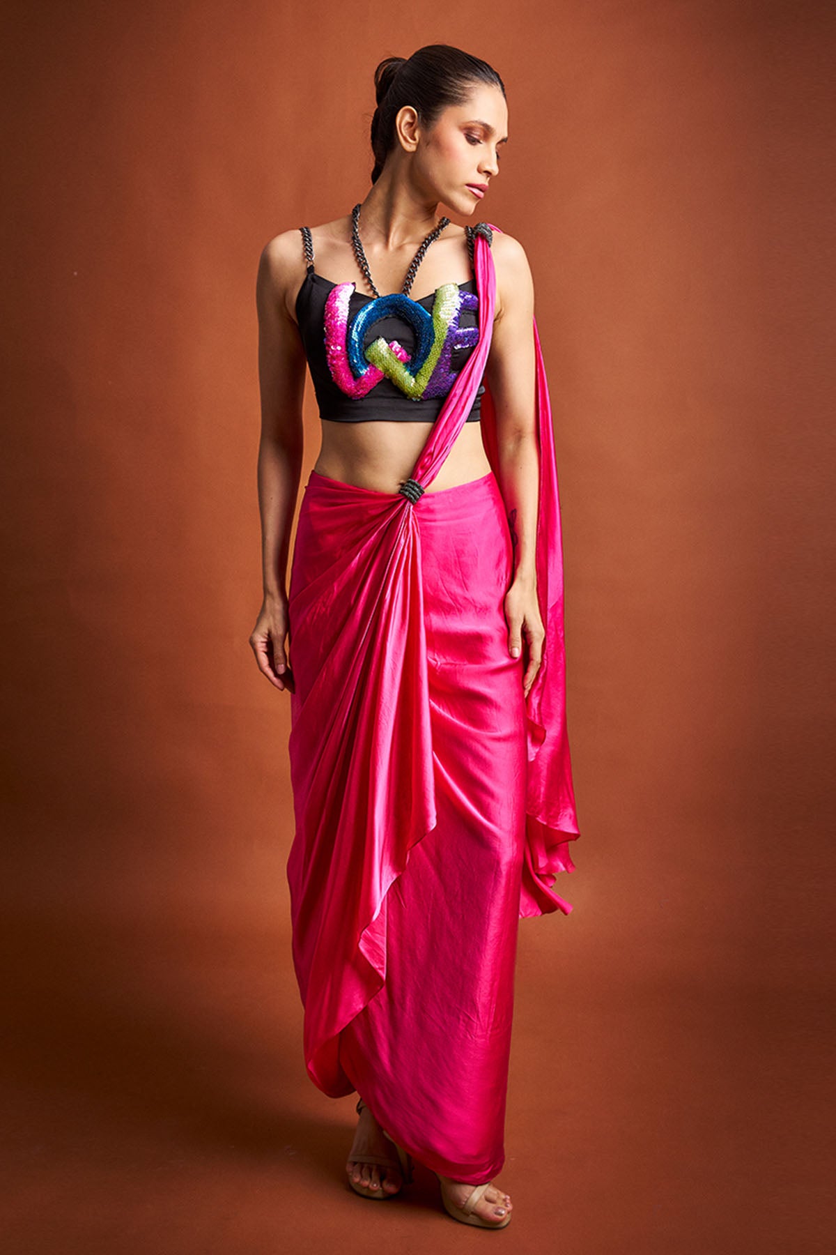 Pink Bamberg Satin Saree Set