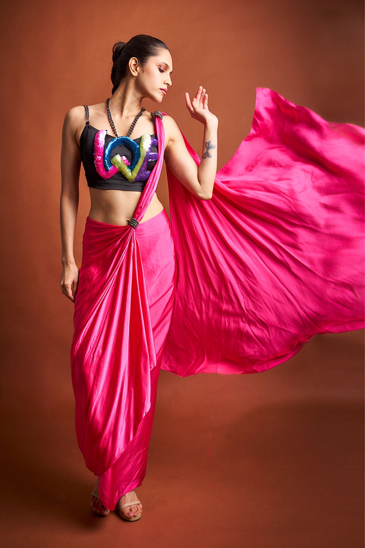 Pink Bamberg Satin Saree Set