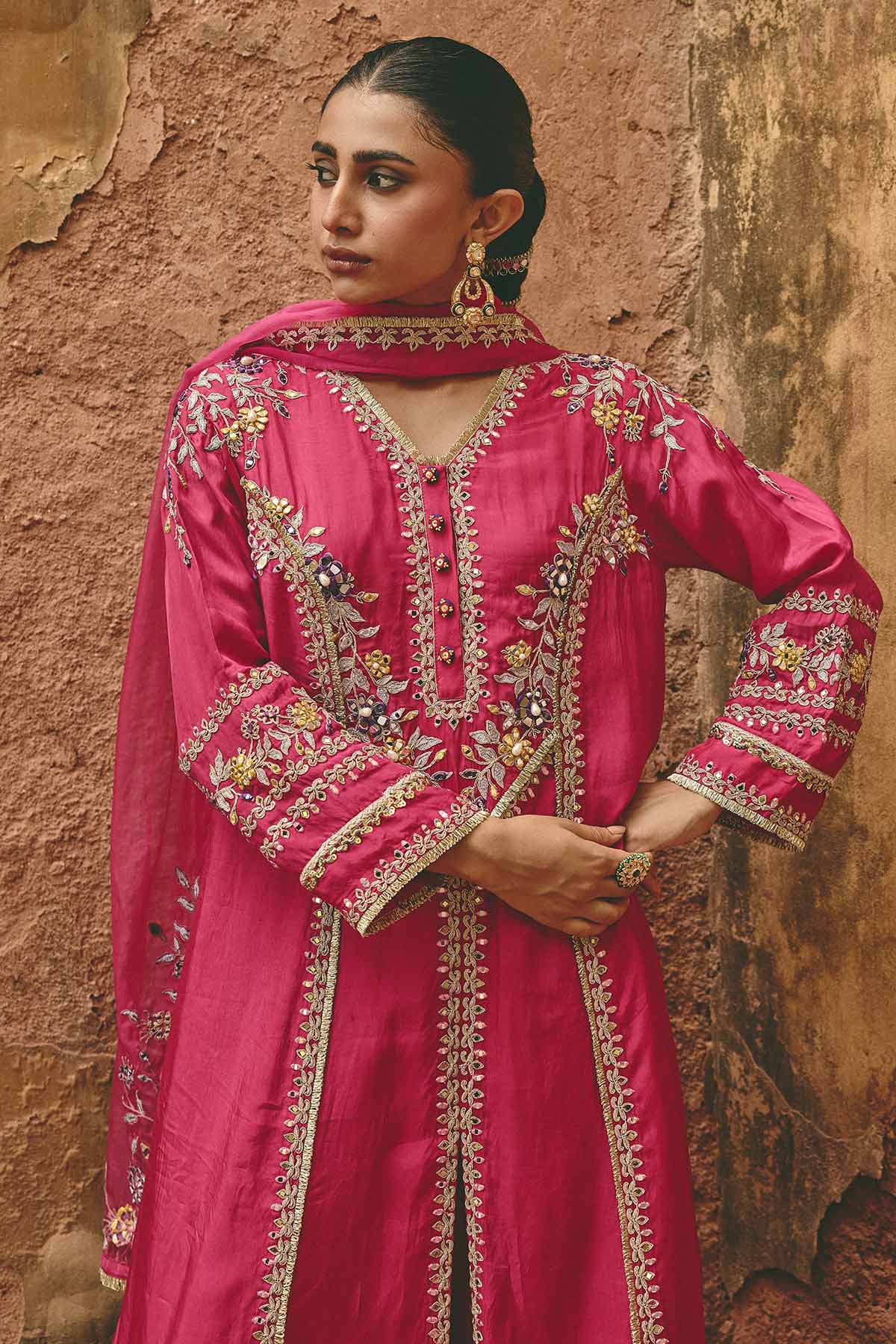 Pink Bamboo Silk Zari Kurta Set
